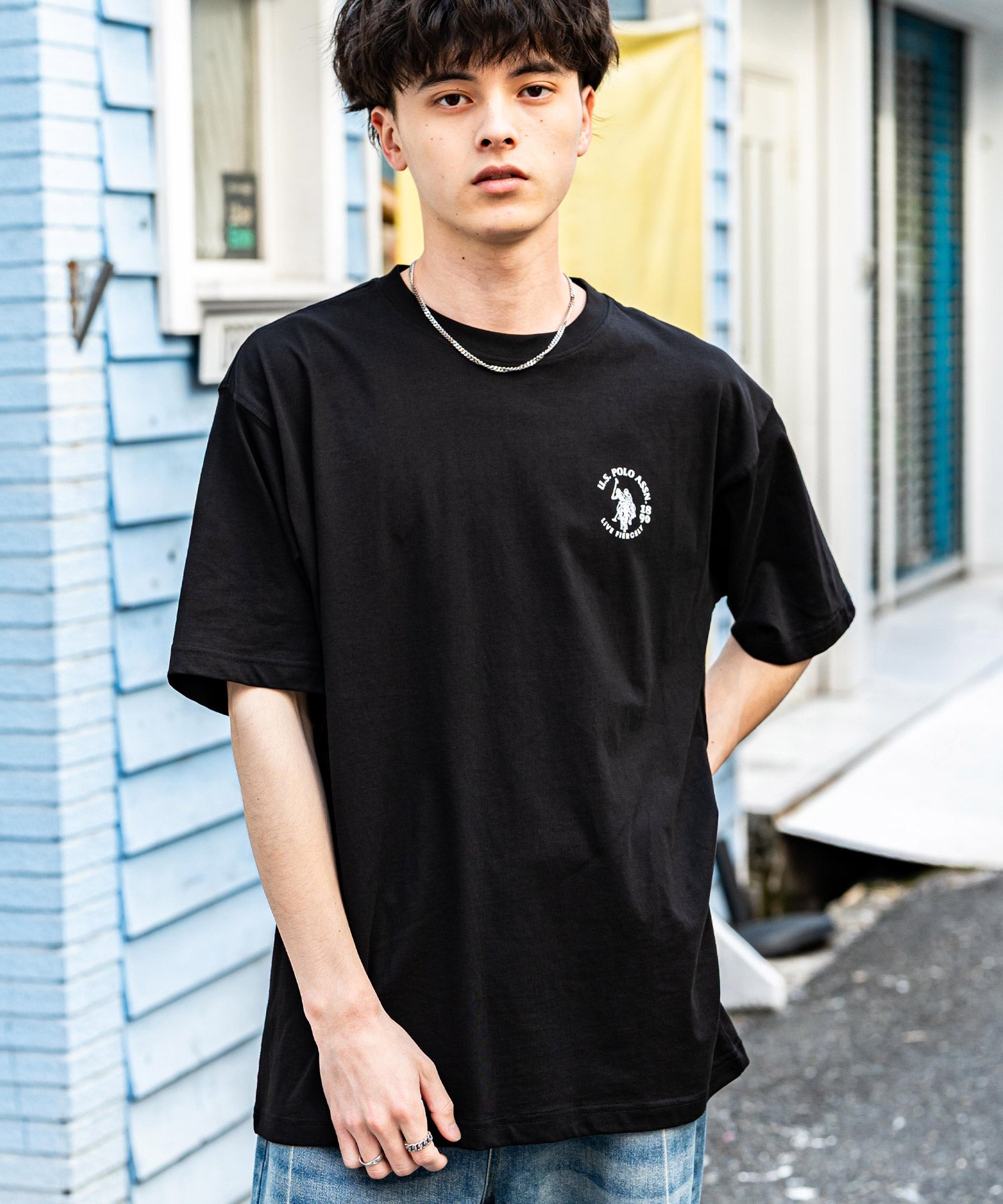 ロッキーモンロー Rocky Monroe ロゴT 半袖 ワンポイント 刺繍 メンズ レディース Tシャツ カットソー ボーダー バックプリント リラックス U.S. POLO ASSN. 14701 （C.ブラック） C.ブラック