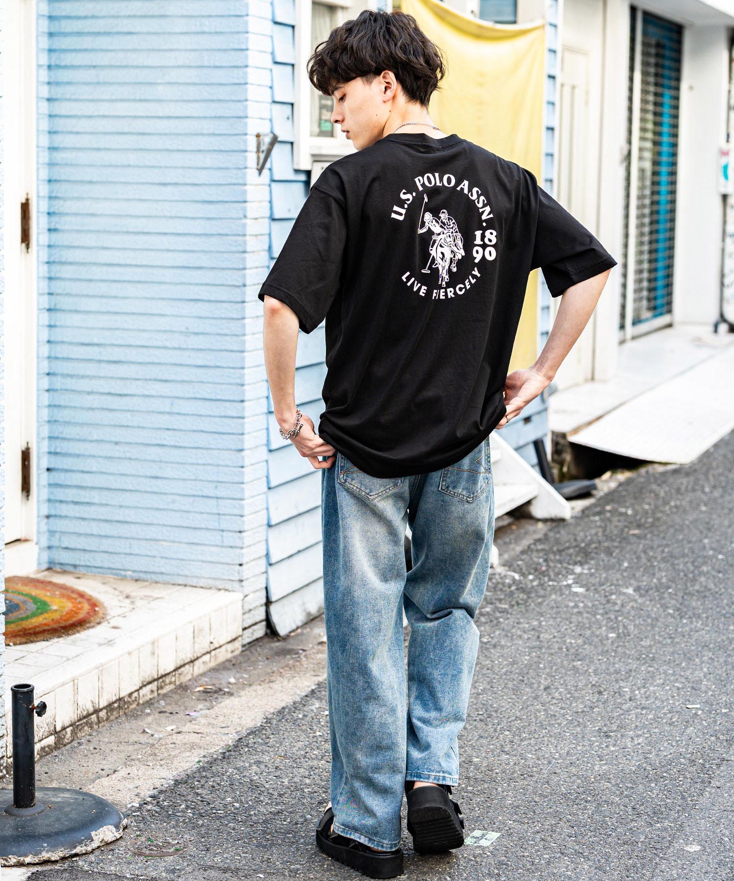 ロッキーモンロー Rocky Monroe ロゴT 半袖 ワンポイント 刺繍 メンズ レディース Tシャツ カットソー ボーダー バックプリント リラックス U.S. POLO ASSN. 14701 （C.ブラック） C.ブラック