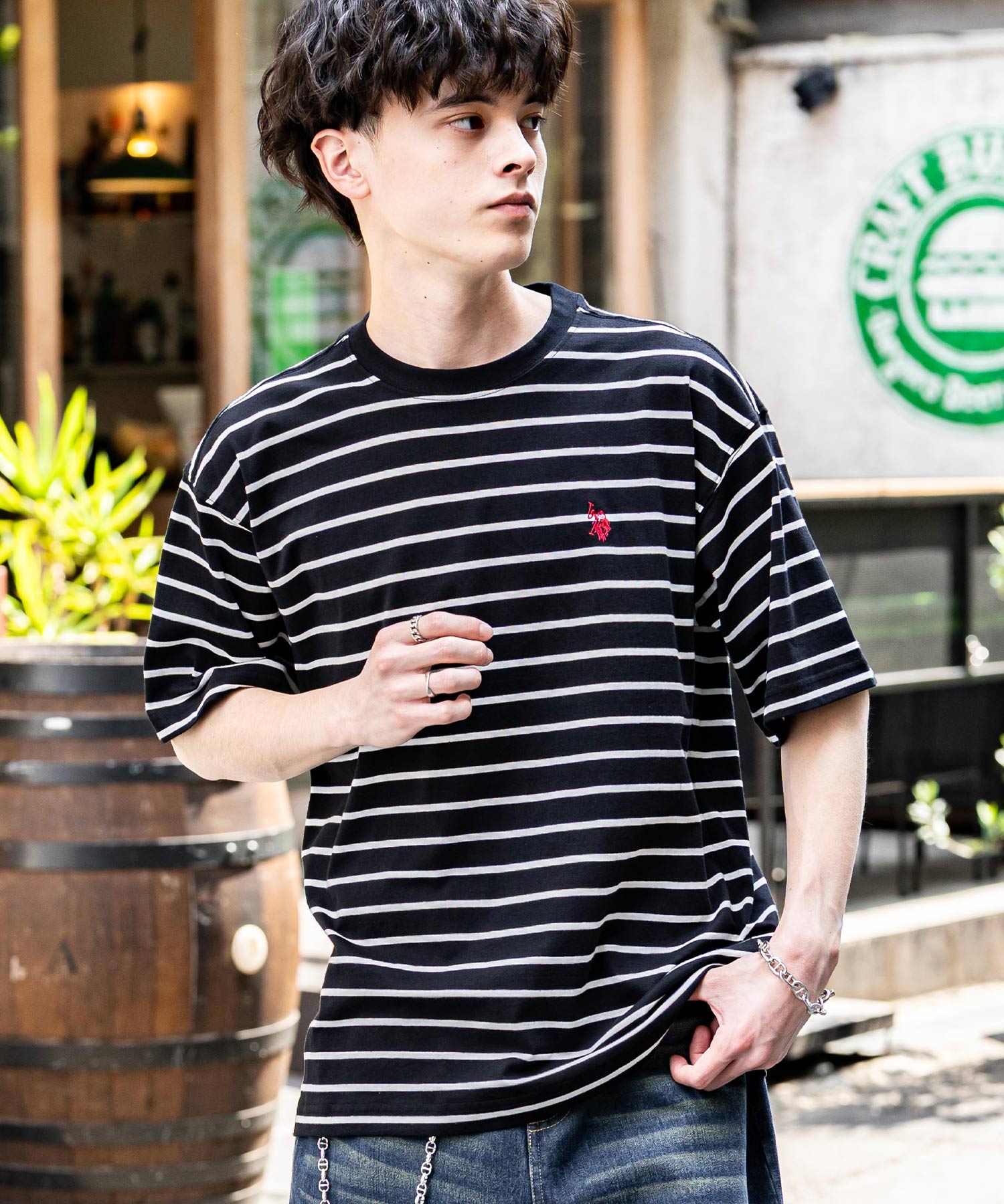 ロッキーモンロー Rocky Monroe ロゴT 半袖 ワンポイント 刺繍 メンズ レディース Tシャツ カットソー ボーダー バックプリント リラックス U.S. POLO ASSN. 14701 （C.ブラック） C.ブラック