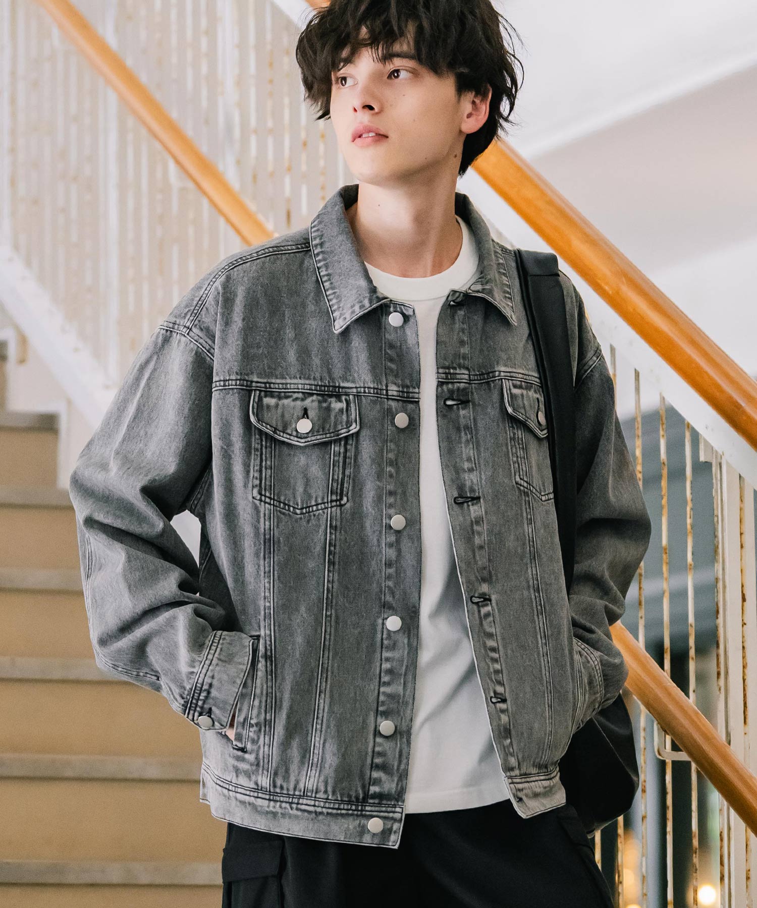 ロッキーモンロー Rocky Monroe デニムジャケット Gジャン 3rdタイプ メンズ ライトアウター オーバーサイズ ケミカルウォッシュ ヴィンテージ カジュアル セットアップ可能 14590 （ブラックケミカル） ブラックケミカル