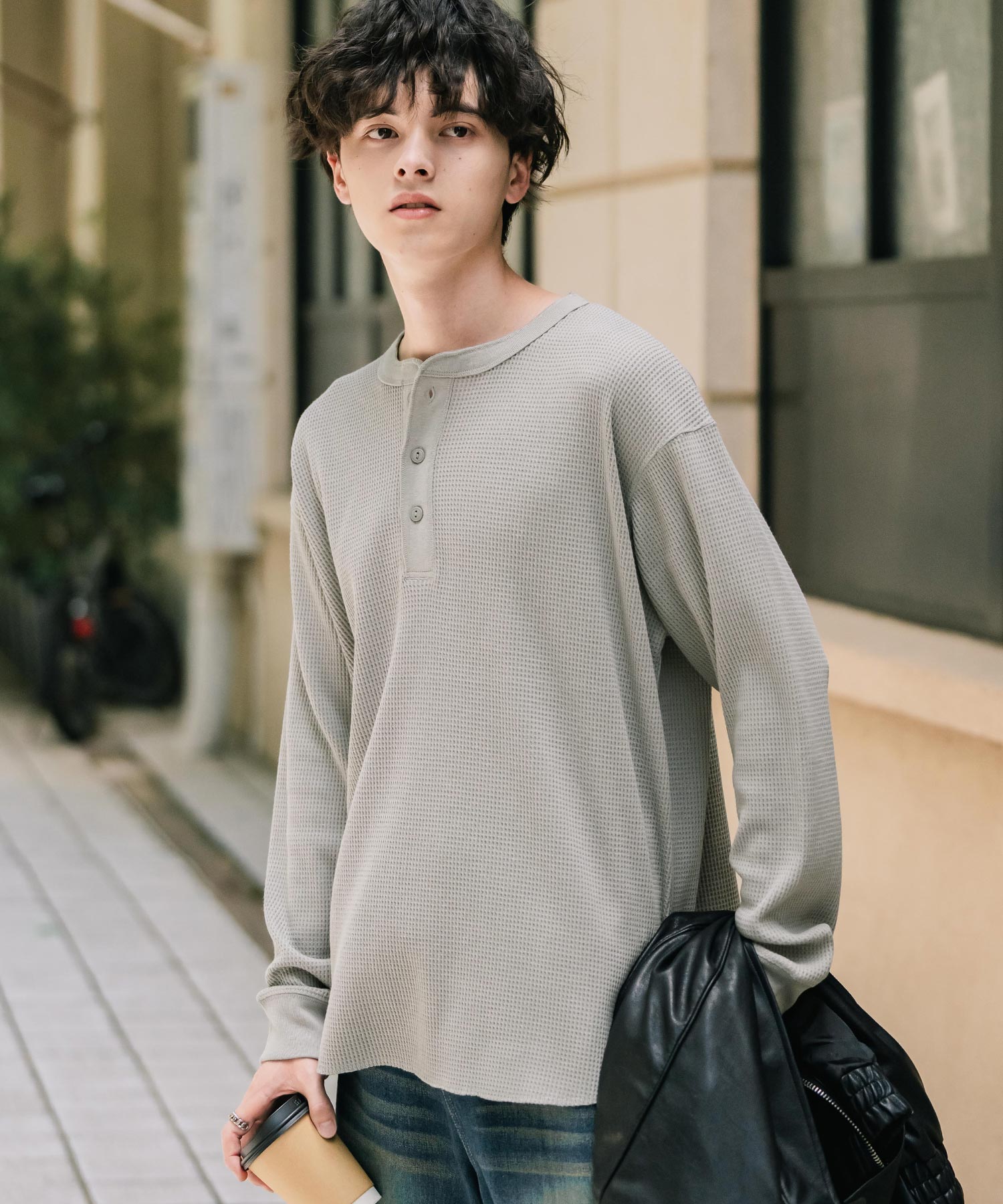 ロッキーモンロー Rocky Monroe Tシャツ 長袖 ワッフル ヘンリーネック メンズ レディース ロンT カットソー 無地 シンプル リラックス ルーズ レイヤード オールシーズン 14620 （グレー） グレー