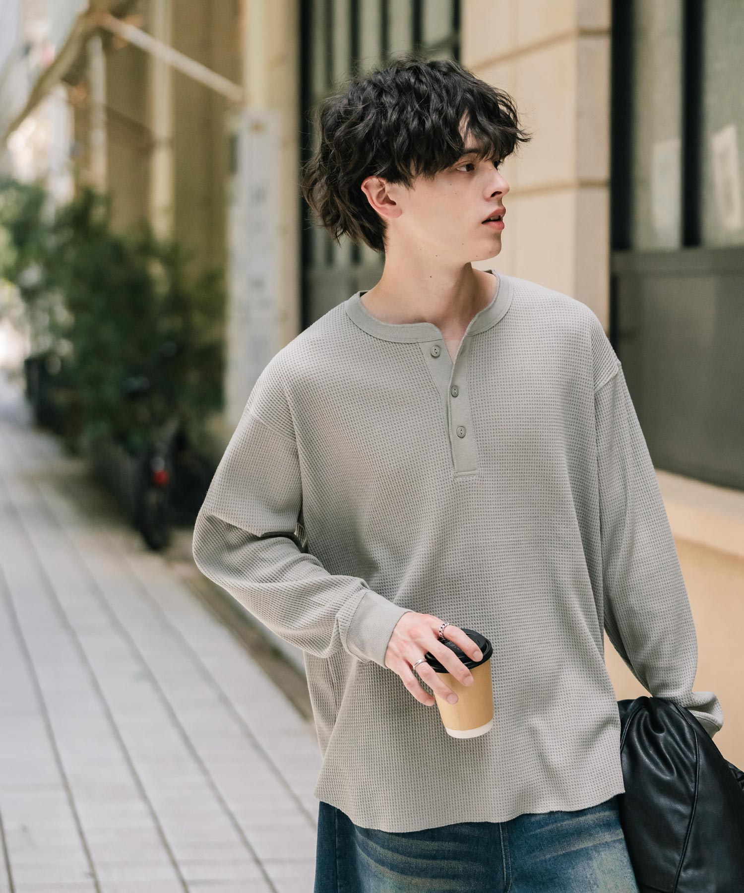 ロッキーモンロー Rocky Monroe Tシャツ 長袖 ワッフル ヘンリーネック メンズ レディース ロンT カットソー 無地 シンプル リラックス ルーズ レイヤード オールシーズン 14620 （グレー） グレー