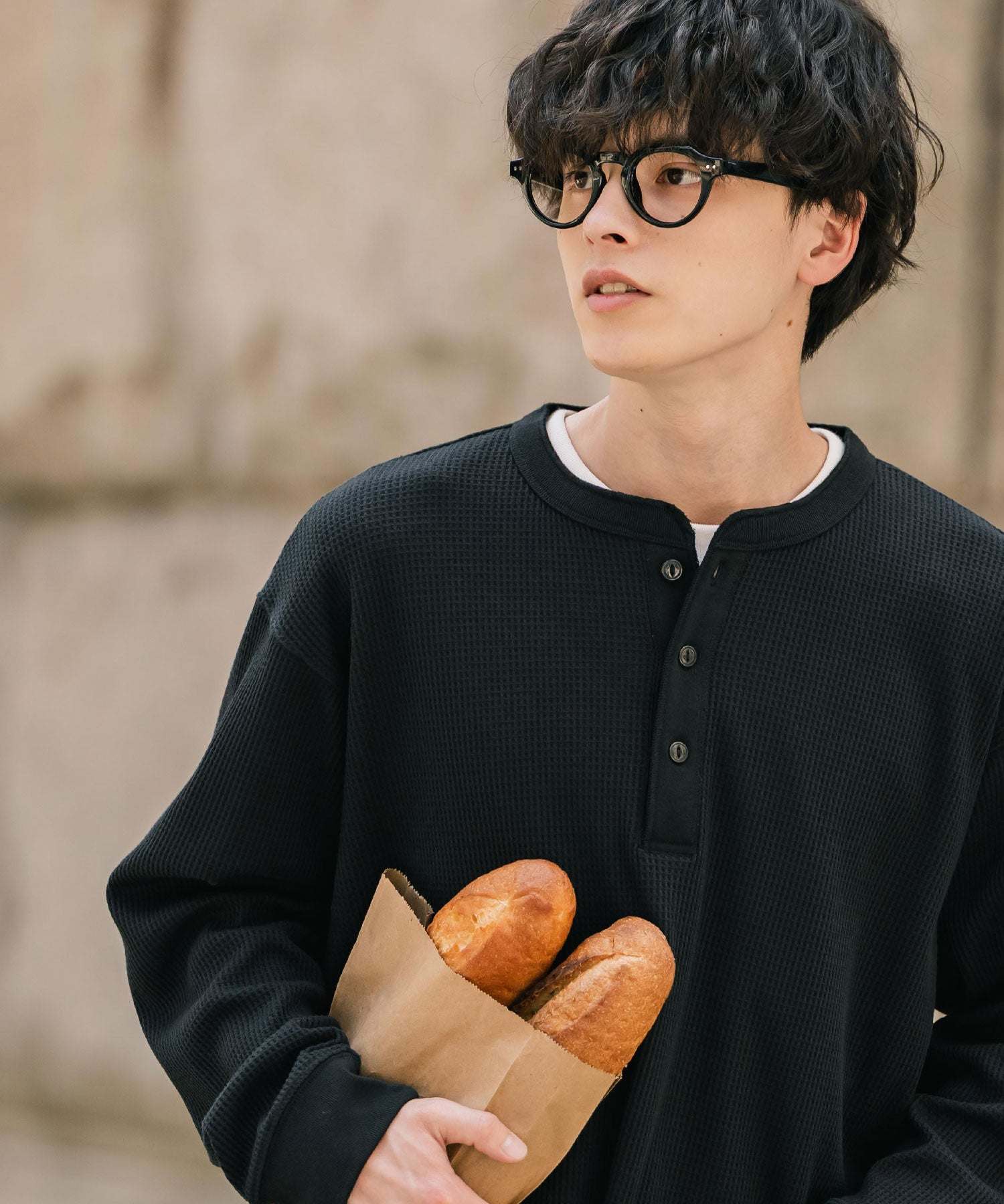 ロッキーモンロー Rocky Monroe Tシャツ 長袖 ワッフル ヘンリーネック メンズ レディース ロンT カットソー 無地 シンプル リラックス ルーズ レイヤード オールシーズン 14620 （グレー） グレー