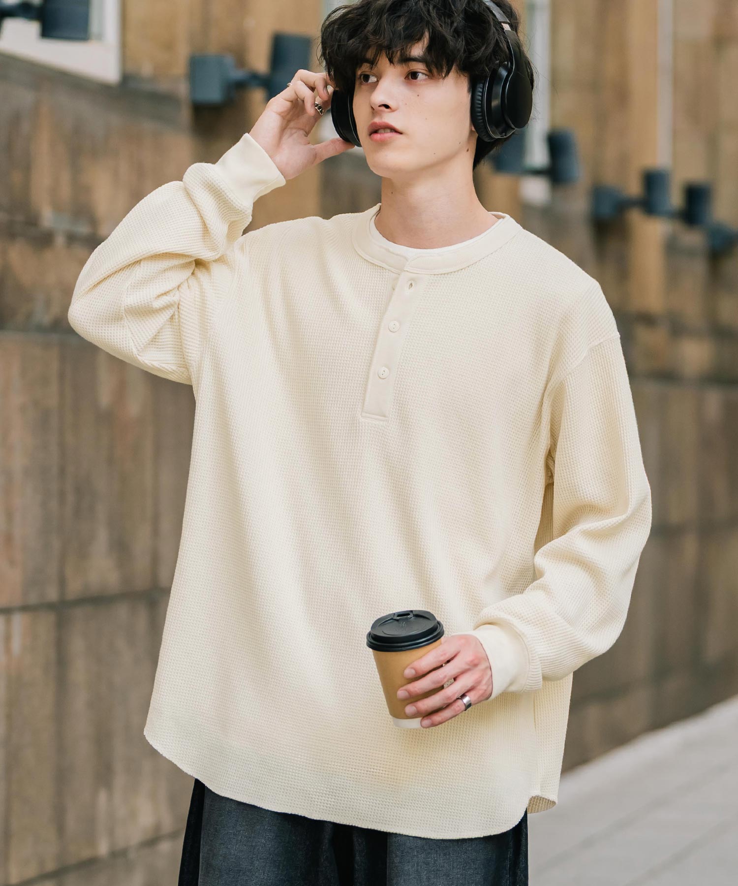 ロッキーモンロー Rocky Monroe Tシャツ 長袖 ワッフル ヘンリーネック メンズ レディース ロンT カットソー 無地 シンプル リラックス ルーズ レイヤード オールシーズン 14620 （グレー） グレー