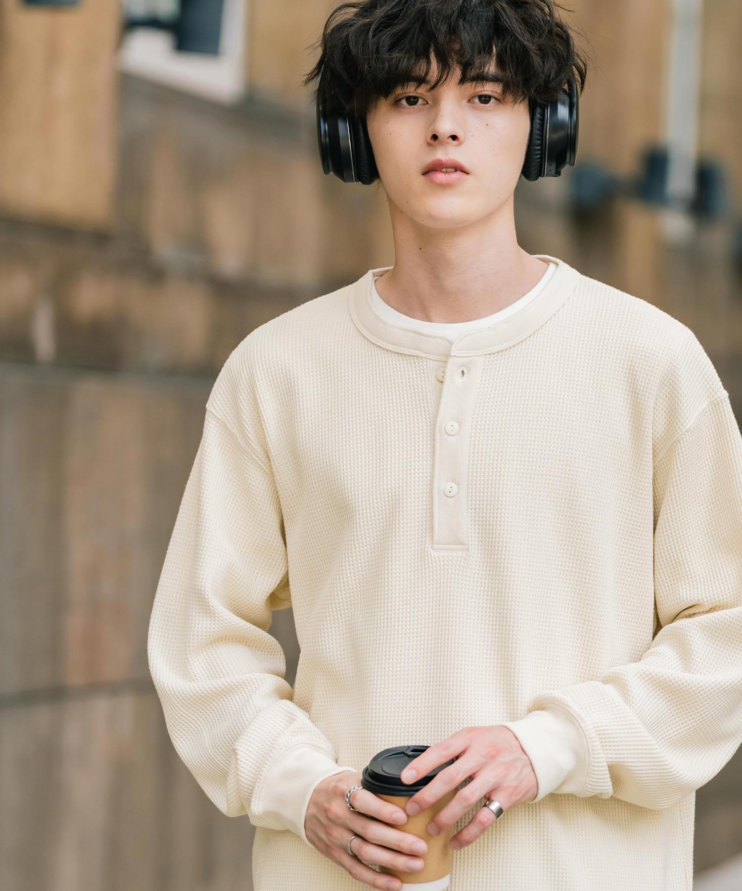 ロッキーモンロー Rocky Monroe Tシャツ 長袖 ワッフル ヘンリーネック メンズ レディース ロンT カットソー 無地 シンプル リラックス ルーズ レイヤード オールシーズン 14620 （グレー） グレー