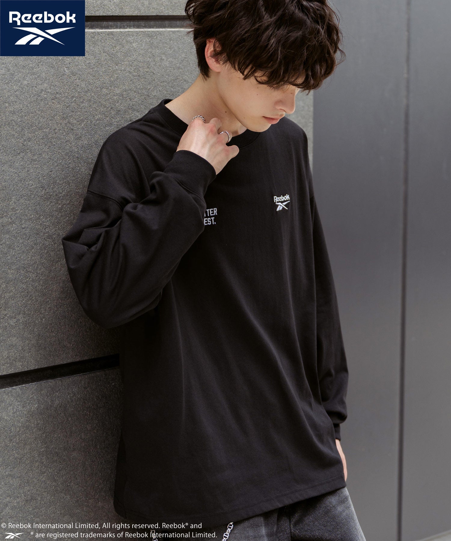 ロッキーモンロー Rocky Monroe Reebok リーボック Tシャツ 長袖 メンズ カットソー オーバーサイズ ラグラン ロゴ刺繍 シンプル カジュアル ストリート スポーティー 14835 （ブラック） ブラック