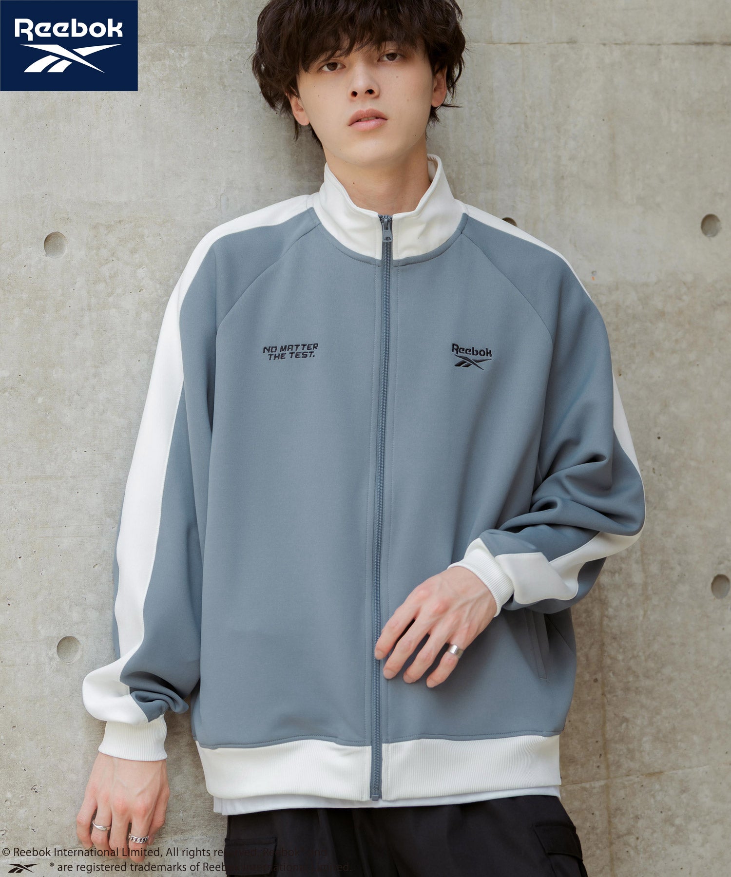 ロッキーモンロー Rocky Monroe Reebok リーボック トラックジャケット ジャージ ライトアウター メンズ ブルゾン ポンチ オーバーサイズ 袖ライン ロゴ刺繍 シンプル 14837 （ブルーグレー） ブルーグレー