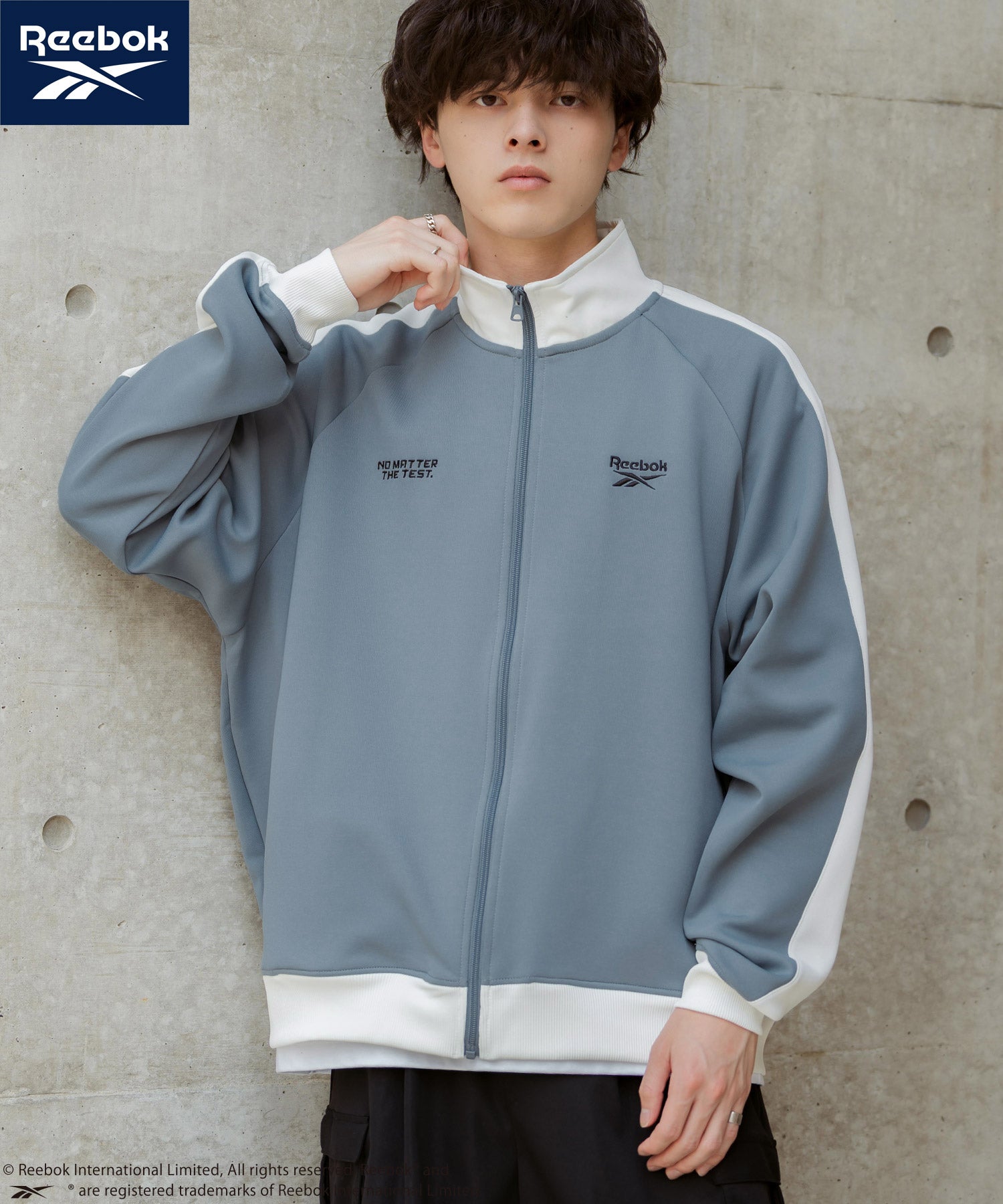ロッキーモンロー Rocky Monroe Reebok リーボック トラックジャケット ジャージ ライトアウター メンズ ブルゾン ポンチ オーバーサイズ 袖ライン ロゴ刺繍 シンプル 14837 （ブルーグレー） ブルーグレー