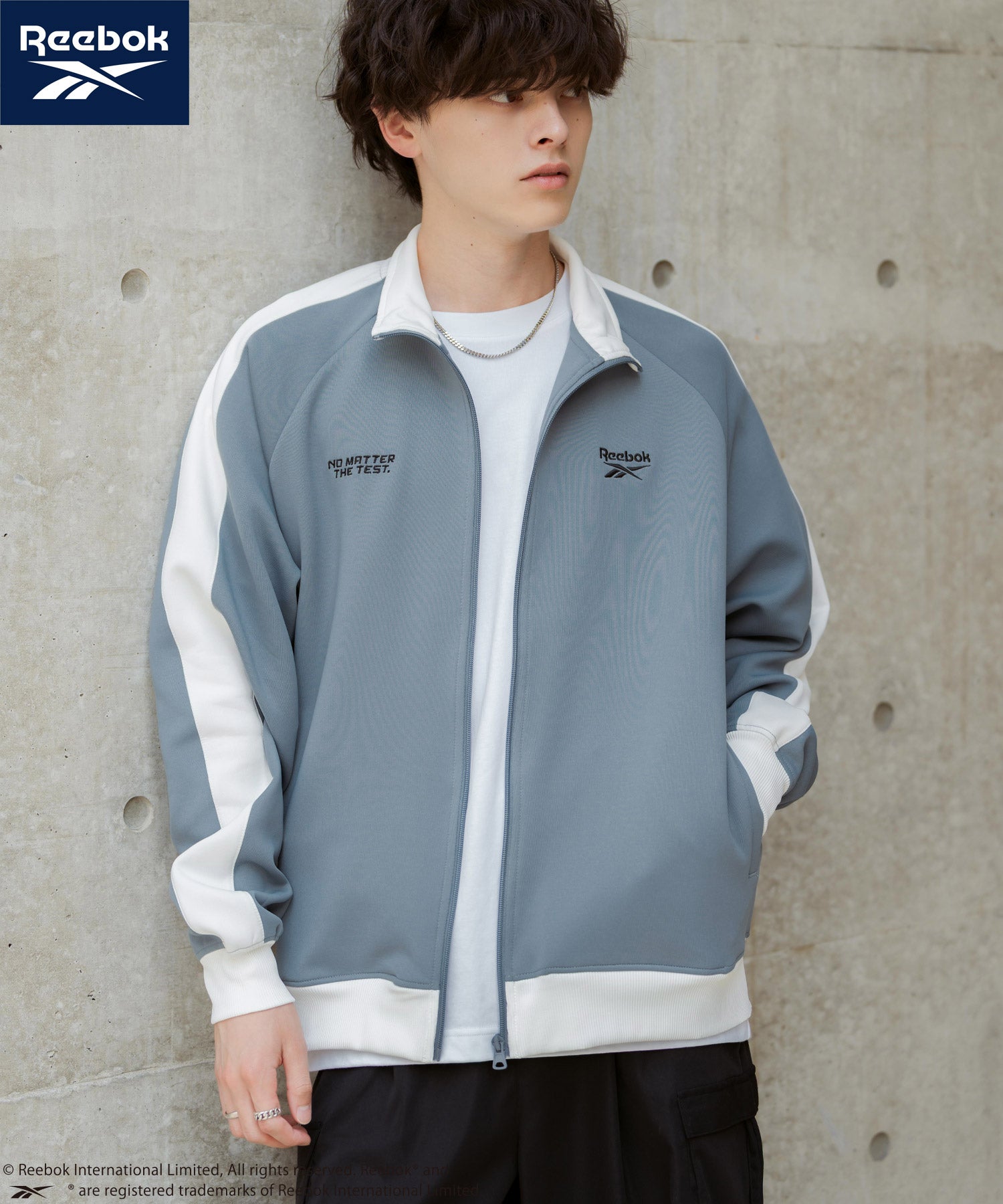 ロッキーモンロー Rocky Monroe Reebok リーボック トラックジャケット ジャージ ライトアウター メンズ ブルゾン ポンチ オーバーサイズ 袖ライン ロゴ刺繍 シンプル 14837 （ブルーグレー） ブルーグレー
