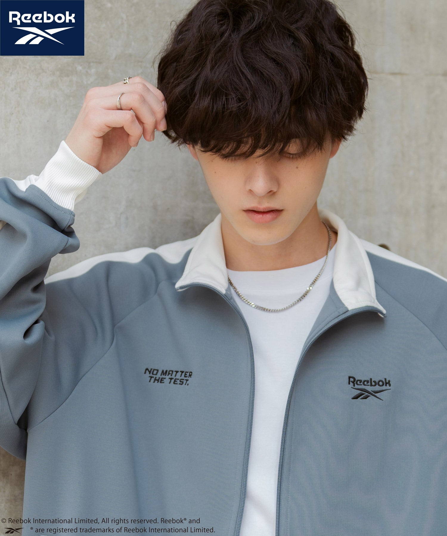 ロッキーモンロー Rocky Monroe Reebok リーボック トラックジャケット ジャージ ライトアウター メンズ ブルゾン ポンチ オーバーサイズ 袖ライン ロゴ刺繍 シンプル 14837 （ブルーグレー） ブルーグレー