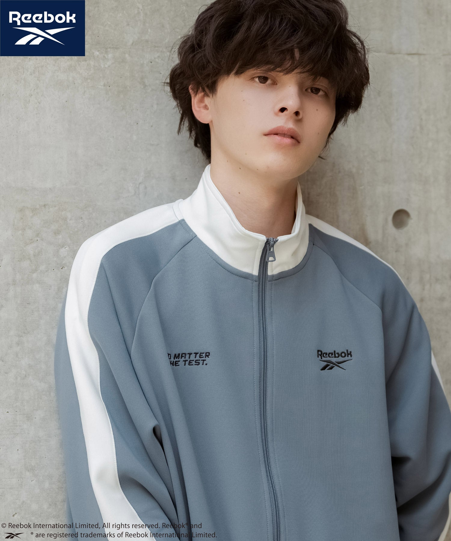 ロッキーモンロー Rocky Monroe Reebok リーボック トラックジャケット ジャージ ライトアウター メンズ ブルゾン ポンチ オーバーサイズ 袖ライン ロゴ刺繍 シンプル 14837 （ブルーグレー） ブルーグレー