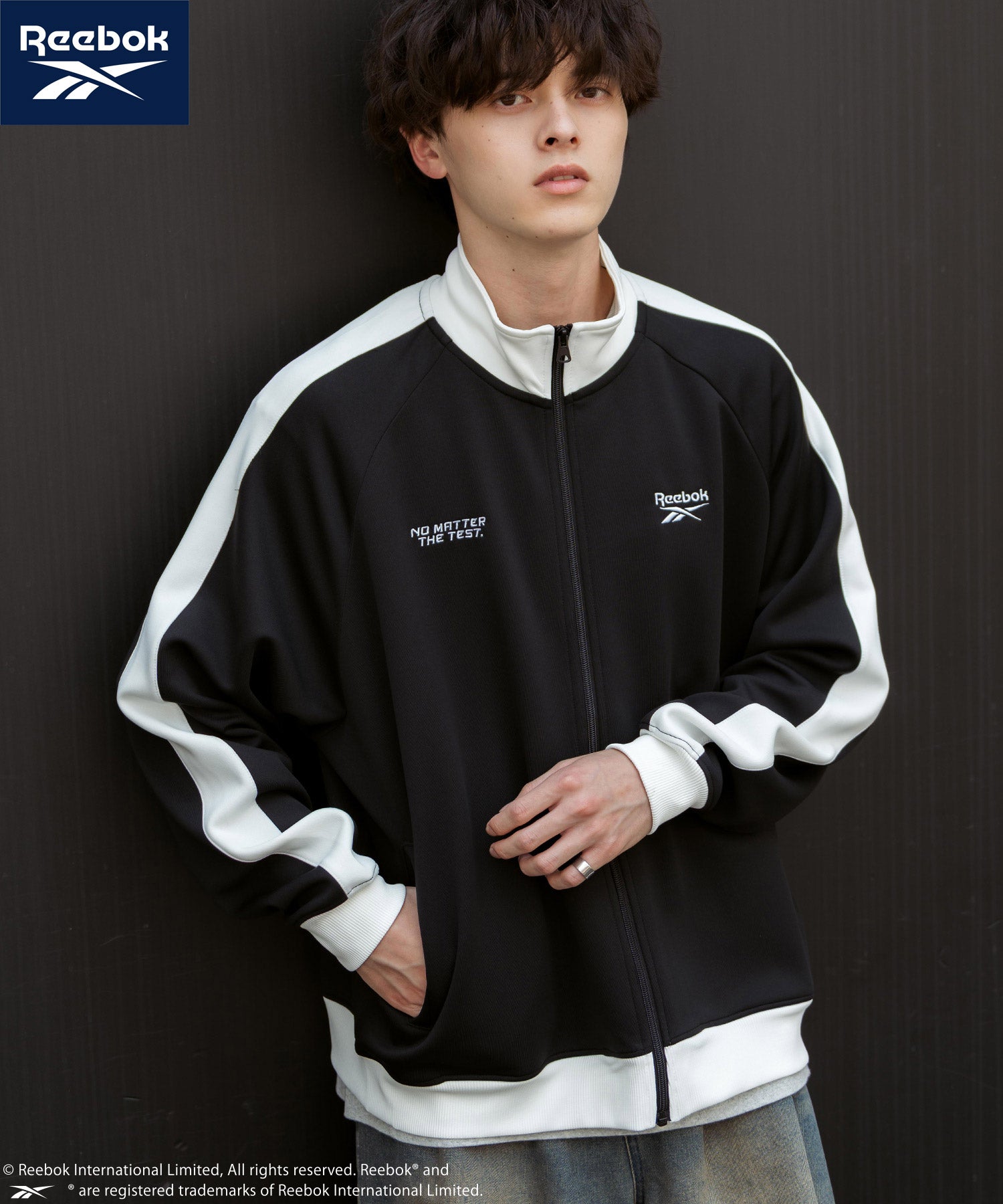 ロッキーモンロー Rocky Monroe Reebok リーボック トラックジャケット ジャージ ライトアウター メンズ ブルゾン ポンチ オーバーサイズ 袖ライン ロゴ刺繍 シンプル 14837 （ブルーグレー） ブルーグレー