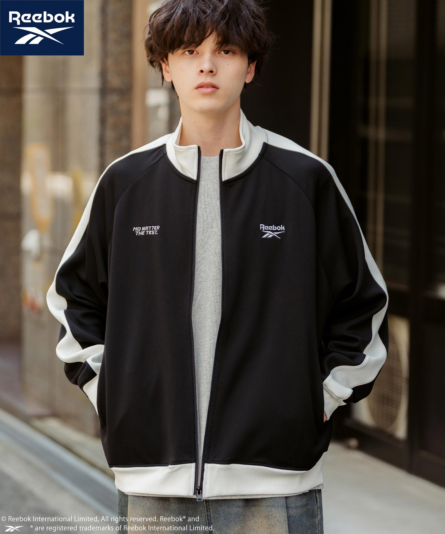 ロッキーモンロー Rocky Monroe Reebok リーボック トラックジャケット ジャージ ライトアウター メンズ ブルゾン ポンチ オーバーサイズ 袖ライン ロゴ刺繍 シンプル 14837 （ブルーグレー） ブルーグレー