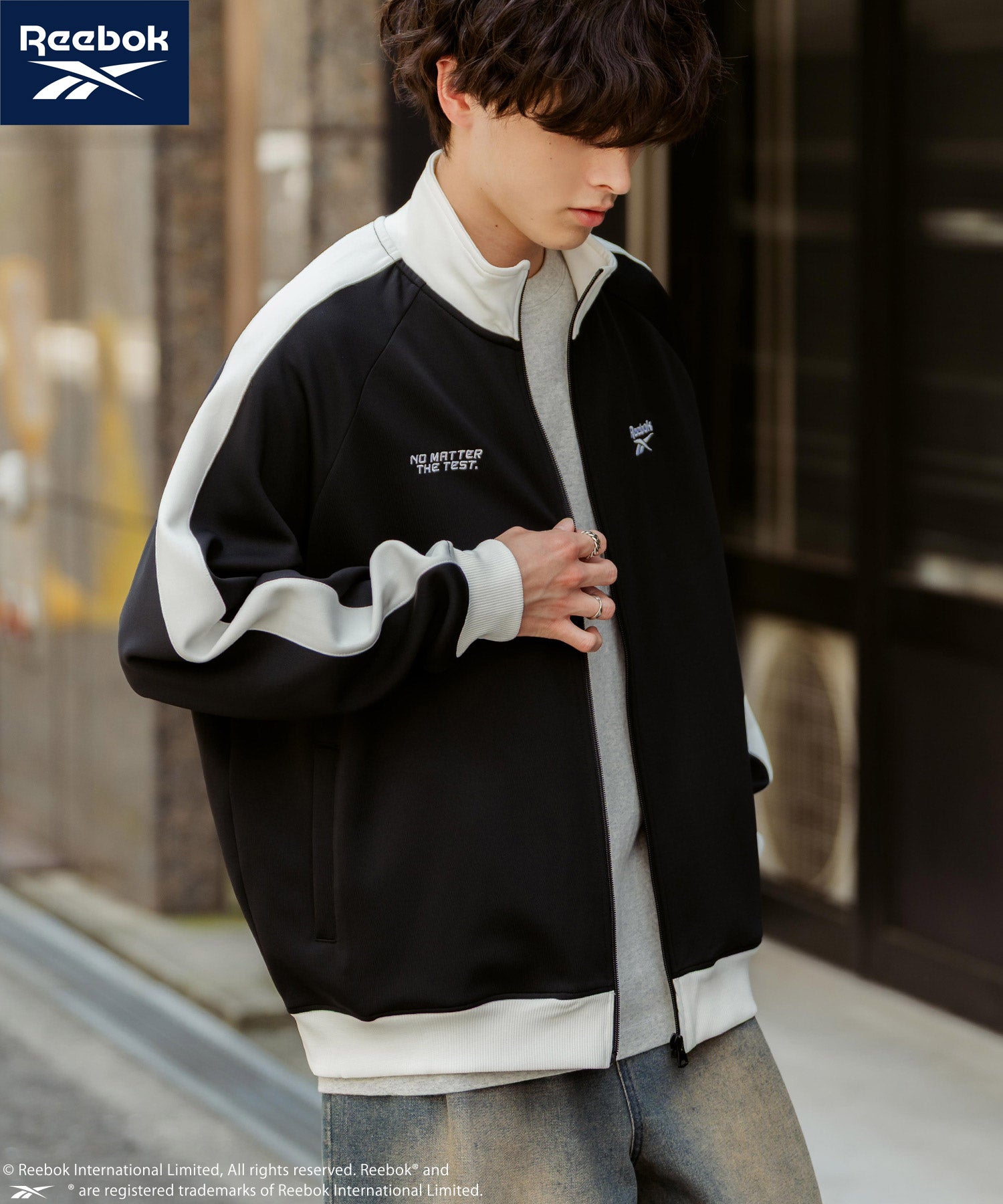 ロッキーモンロー Rocky Monroe Reebok リーボック トラックジャケット ジャージ ライトアウター メンズ ブルゾン ポンチ オーバーサイズ 袖ライン ロゴ刺繍 シンプル 14837 （ブルーグレー） ブルーグレー