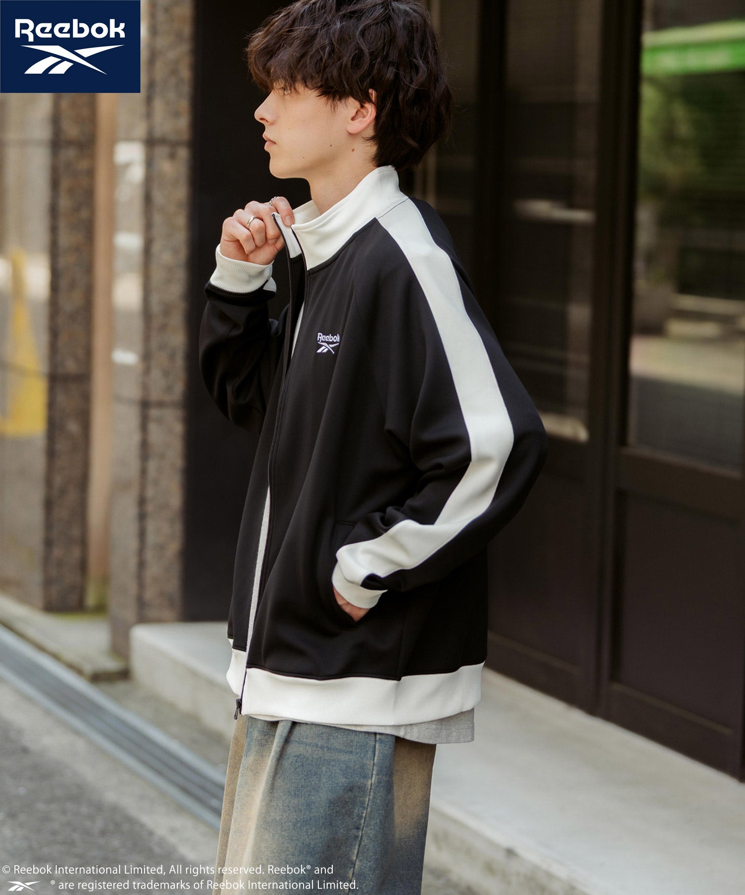 ロッキーモンロー Rocky Monroe Reebok リーボック トラックジャケット ジャージ ライトアウター メンズ ブルゾン ポンチ オーバーサイズ 袖ライン ロゴ刺繍 シンプル 14837 （ブルーグレー） ブルーグレー