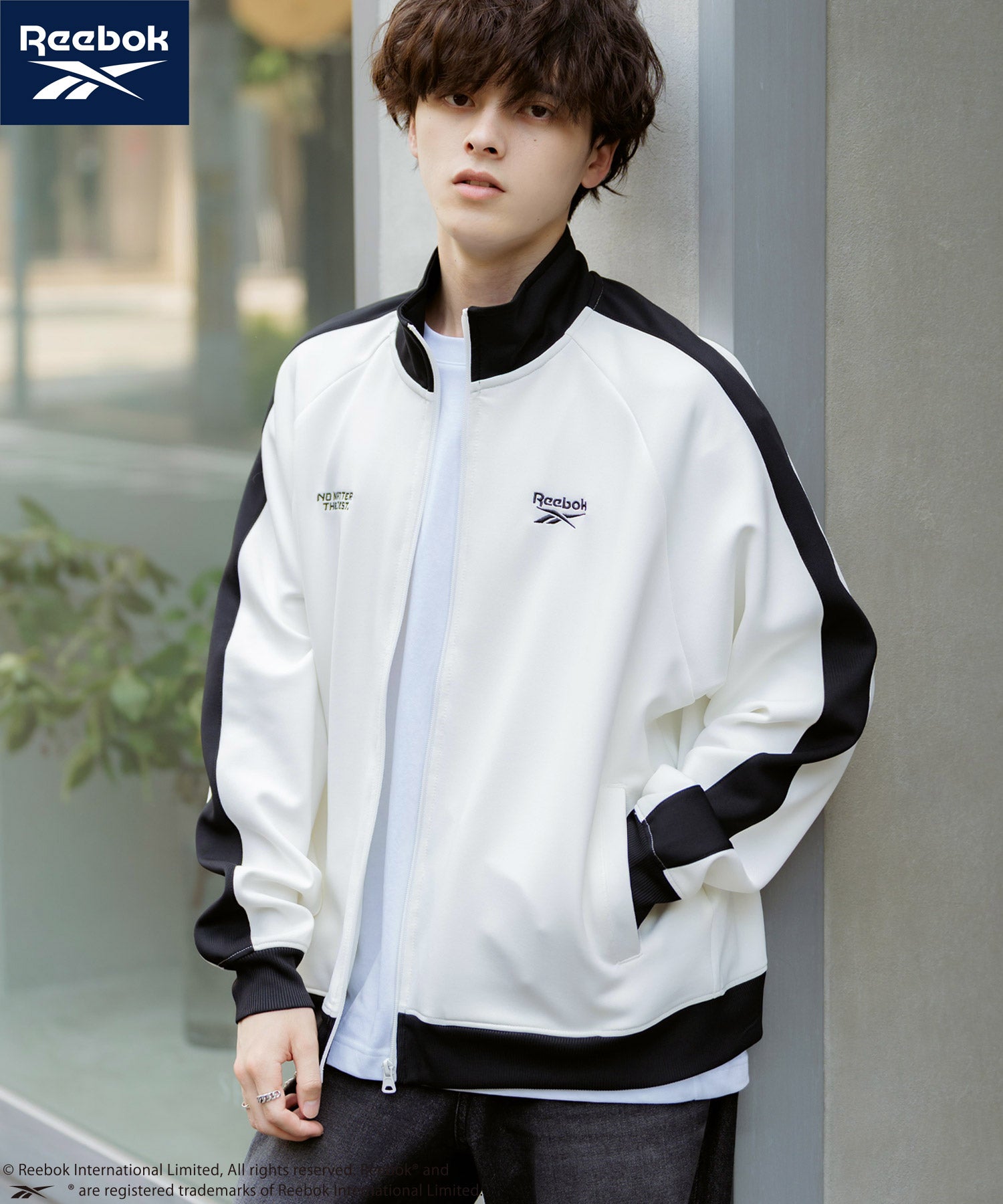 ロッキーモンロー Rocky Monroe Reebok リーボック トラックジャケット ジャージ ライトアウター メンズ ブルゾン ポンチ オーバーサイズ 袖ライン ロゴ刺繍 シンプル 14837 （ブルーグレー） ブルーグレー