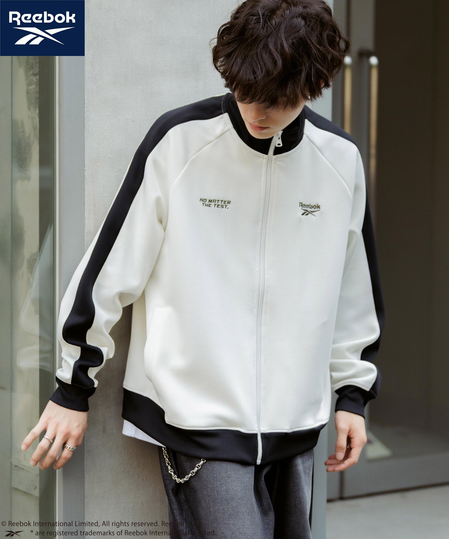 ロッキーモンロー Rocky Monroe Reebok リーボック トラックジャケット ジャージ ライトアウター メンズ ブルゾン ポンチ オーバーサイズ 袖ライン ロゴ刺繍 シンプル 14837 （ブルーグレー） ブルーグレー