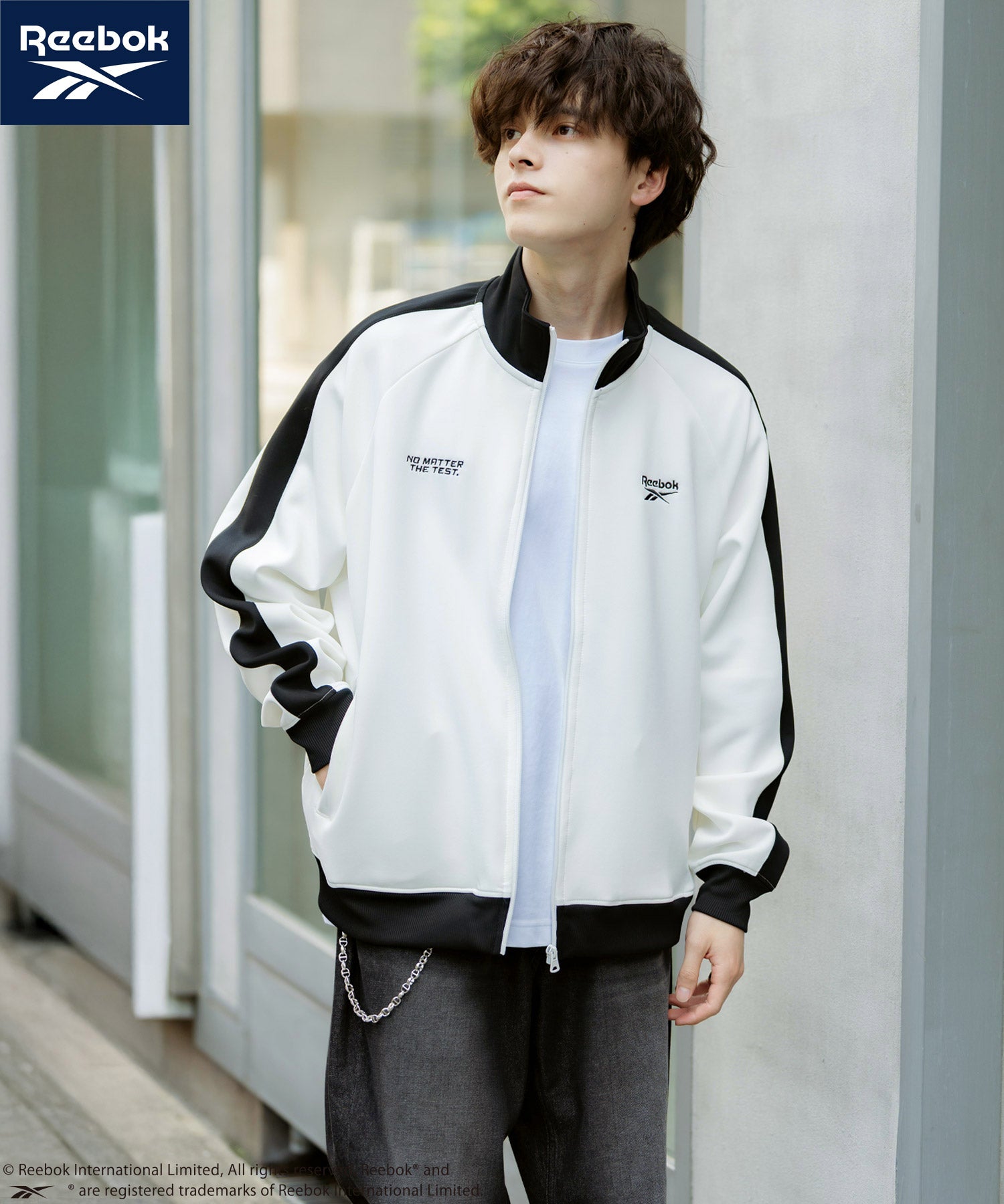 ロッキーモンロー Rocky Monroe Reebok リーボック トラックジャケット ジャージ ライトアウター メンズ ブルゾン ポンチ オーバーサイズ 袖ライン ロゴ刺繍 シンプル 14837 （ブルーグレー） ブルーグレー