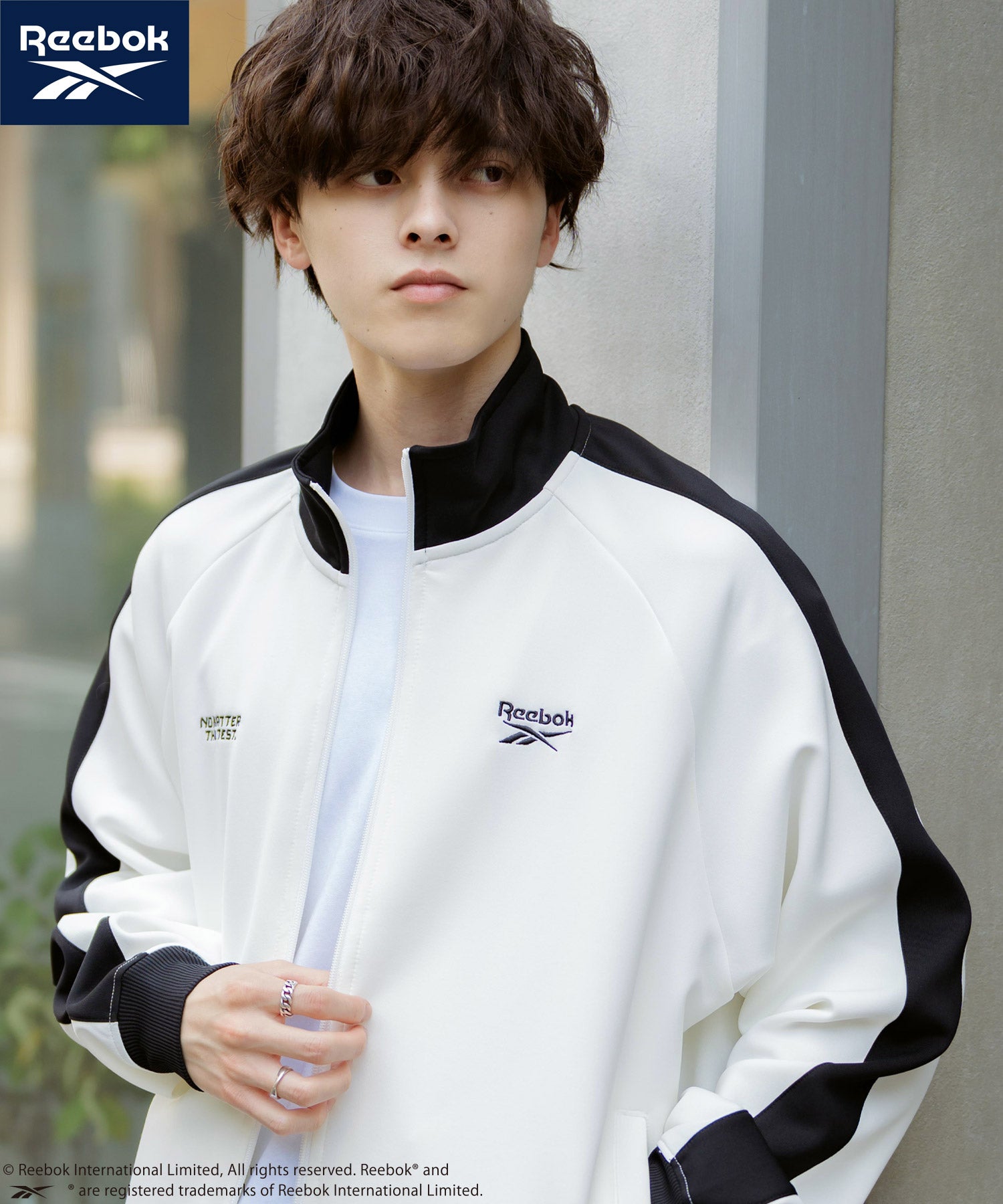 ロッキーモンロー Rocky Monroe Reebok リーボック トラックジャケット ジャージ ライトアウター メンズ ブルゾン ポンチ オーバーサイズ 袖ライン ロゴ刺繍 シンプル 14837 （ブルーグレー） ブルーグレー