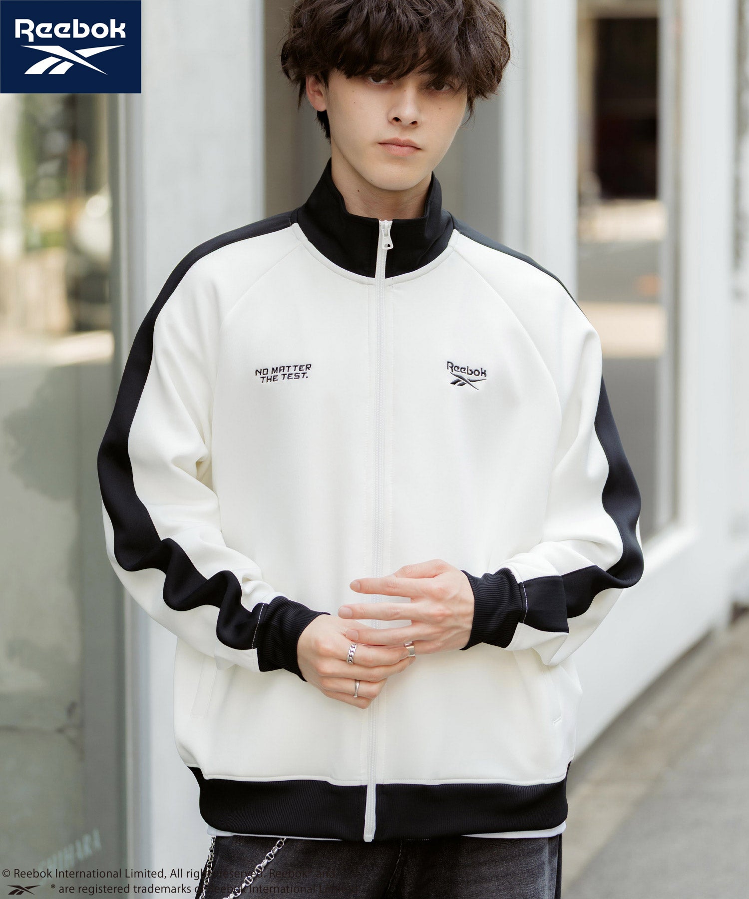 ロッキーモンロー Rocky Monroe Reebok リーボック トラックジャケット ジャージ ライトアウター メンズ ブルゾン ポンチ オーバーサイズ 袖ライン ロゴ刺繍 シンプル 14837 （ホワイト） ホワイト