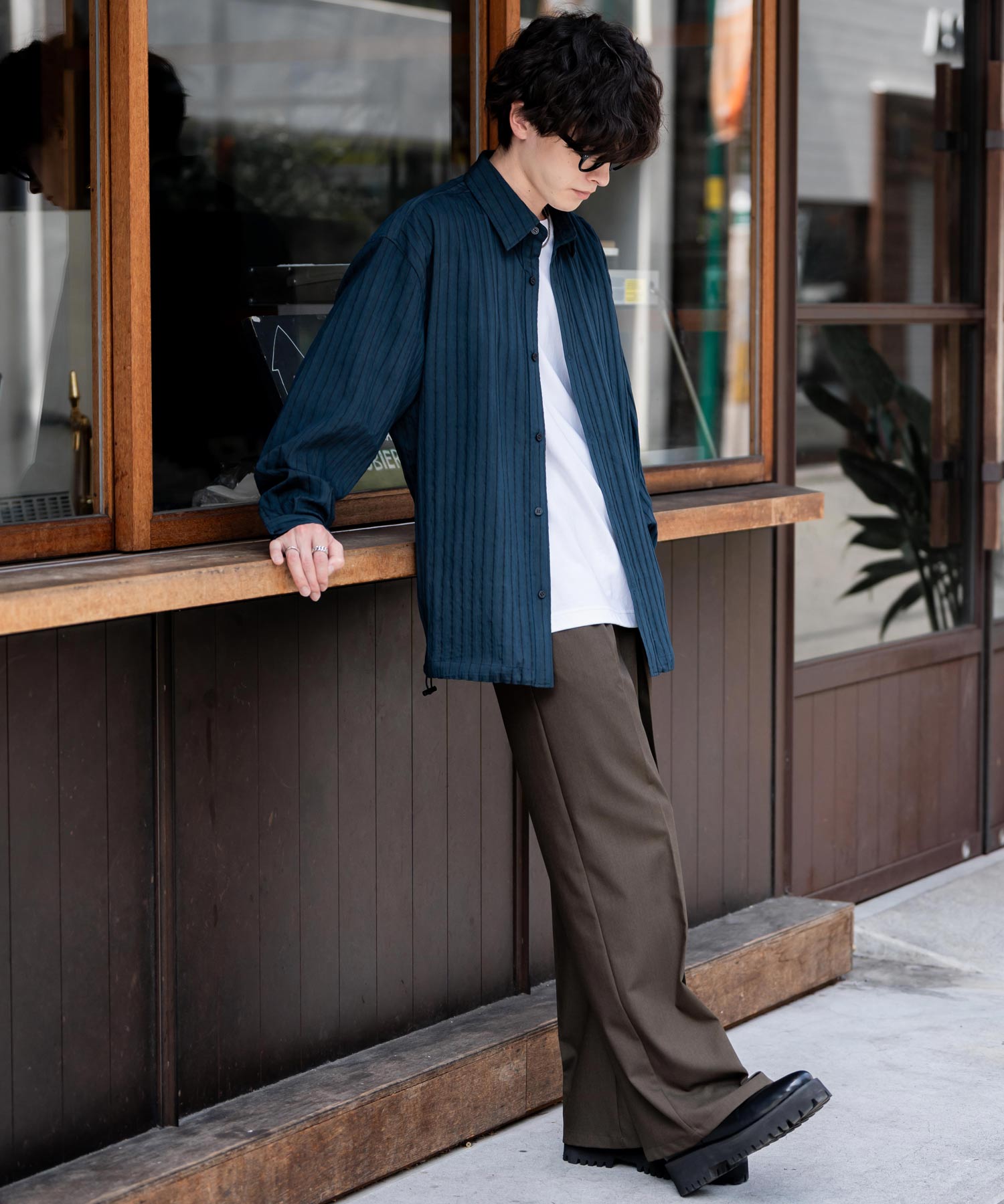 ロッキーモンロー Rocky Monroe シャツジャケット シャツ 長袖 メンズ レディース レギュラーカラー ドローコード バルーンシルエット オーバーサイズ ビッグシルエット リラックス 14761 （ネイビー(ストライプ)） ネイビー(ストライプ)