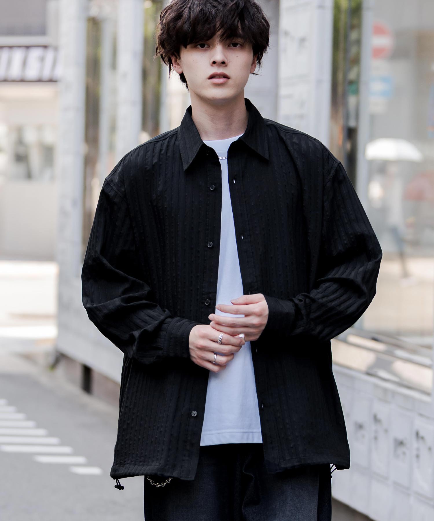 ロッキーモンロー Rocky Monroe シャツジャケット シャツ 長袖 メンズ レディース レギュラーカラー ドローコード バルーンシルエット オーバーサイズ ビッグシルエット リラックス 14761 （ネイビー(ストライプ)） ネイビー(ストライプ)