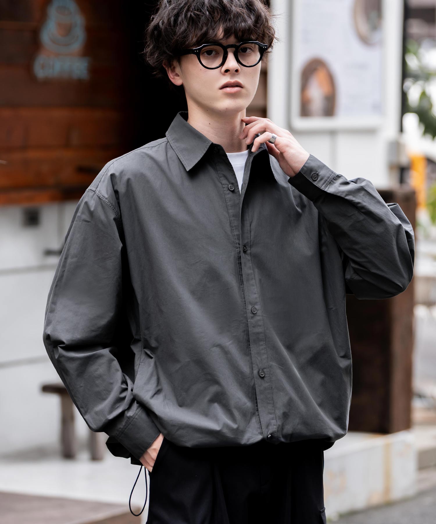 ロッキーモンロー Rocky Monroe シャツジャケット シャツ 長袖 メンズ レディース レギュラーカラー ドローコード バルーンシルエット オーバーサイズ ビッグシルエット リラックス 14761 （チャコール） チャコール