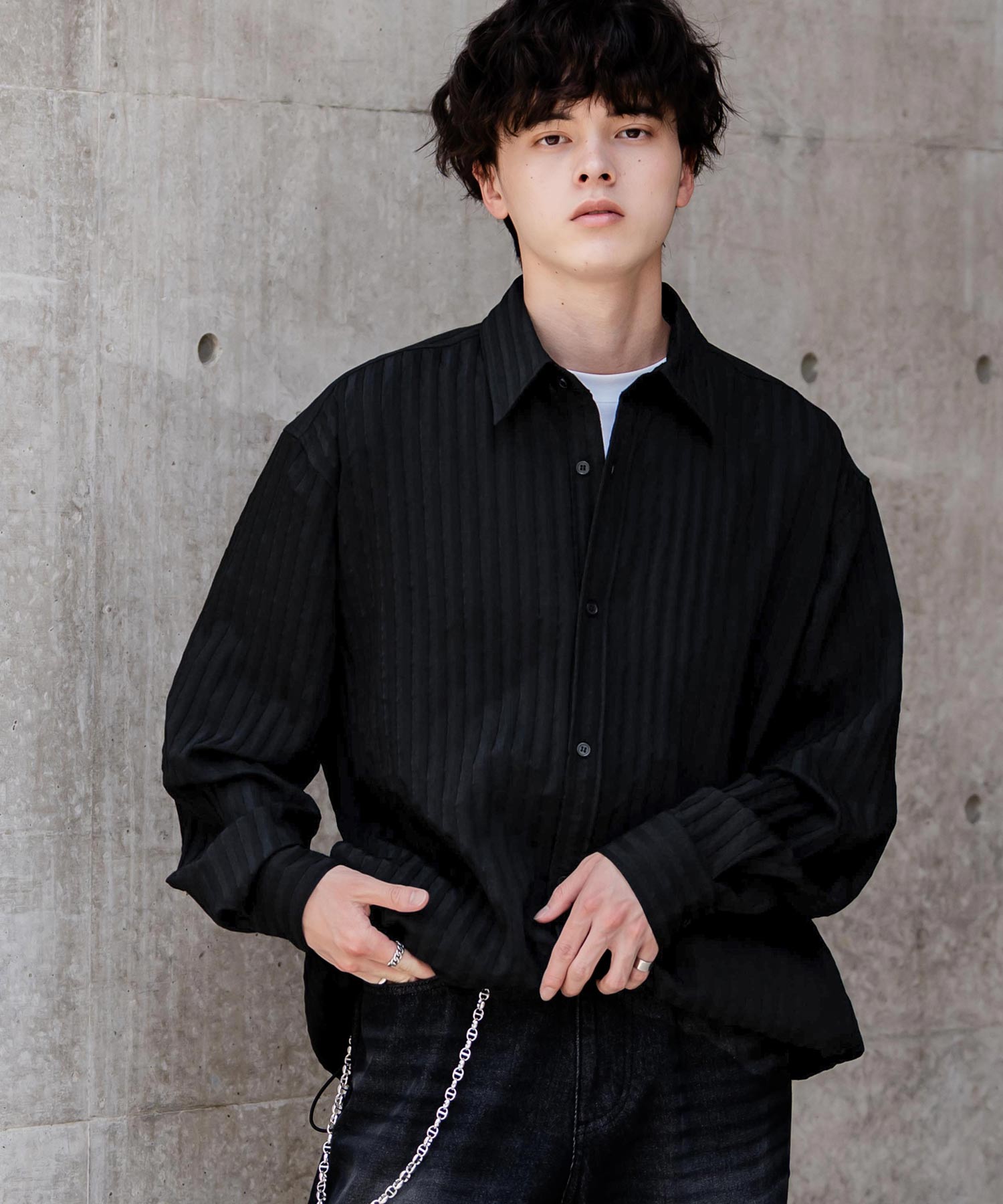 ロッキーモンロー Rocky Monroe シャツジャケット シャツ 長袖 メンズ レディース レギュラーカラー ドローコード バルーンシルエット オーバーサイズ ビッグシルエット リラックス 14761 （ブラック(ストライプ）） ブラック(ストライプ）