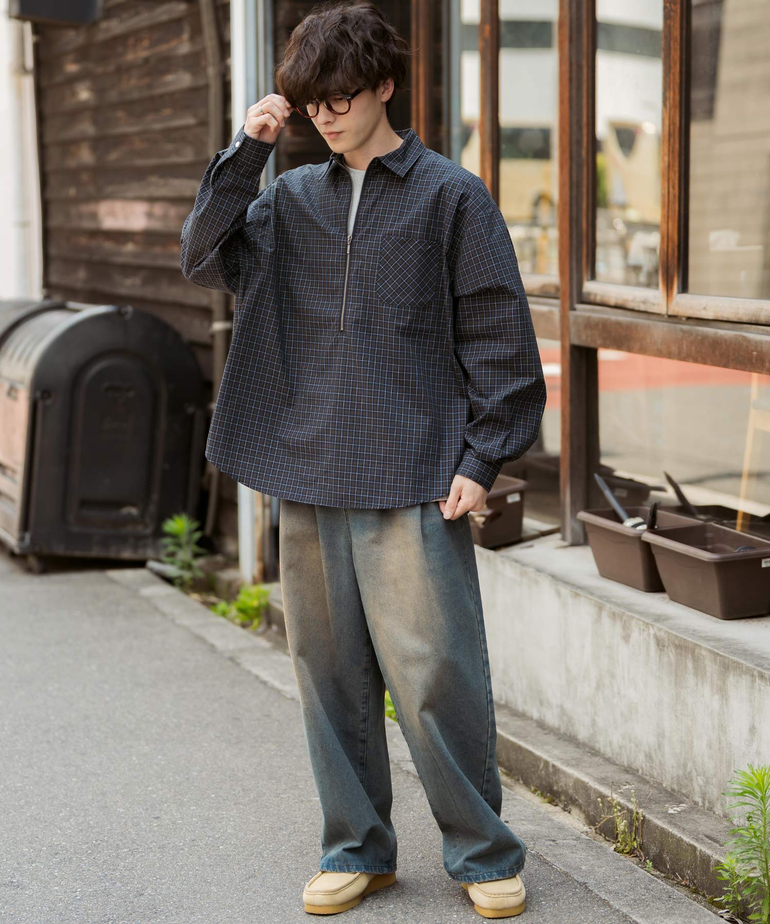 ロッキーモンロー Rocky Monroe チェックシャツ ハーフジップ 長袖 メンズ レディース ネルシャツ オンブレ 総柄 オーバーサイズ ビッグシルエット ルーズ リラックス ゆったり 14762 （ネイビーチェック） ネイビーチェック