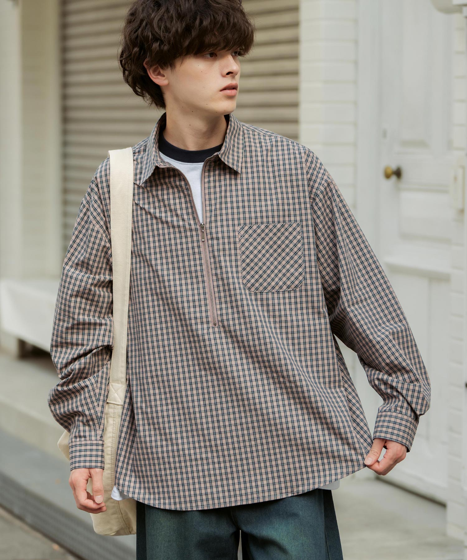 ロッキーモンロー Rocky Monroe チェックシャツ ハーフジップ 長袖 メンズ レディース ネルシャツ オンブレ 総柄 オーバーサイズ ビッグシルエット ルーズ リラックス ゆったり 14762 （ネイビーチェック） ネイビーチェック