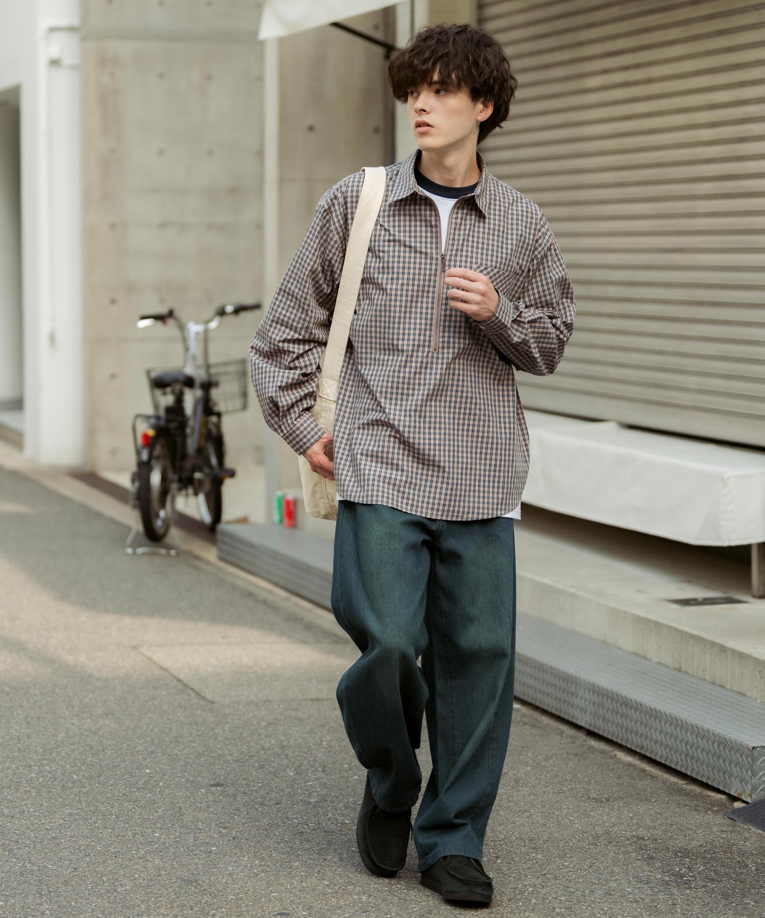 ロッキーモンロー Rocky Monroe チェックシャツ ハーフジップ 長袖 メンズ レディース ネルシャツ オンブレ 総柄 オーバーサイズ ビッグシルエット ルーズ リラックス ゆったり 14762 （ネイビーチェック） ネイビーチェック