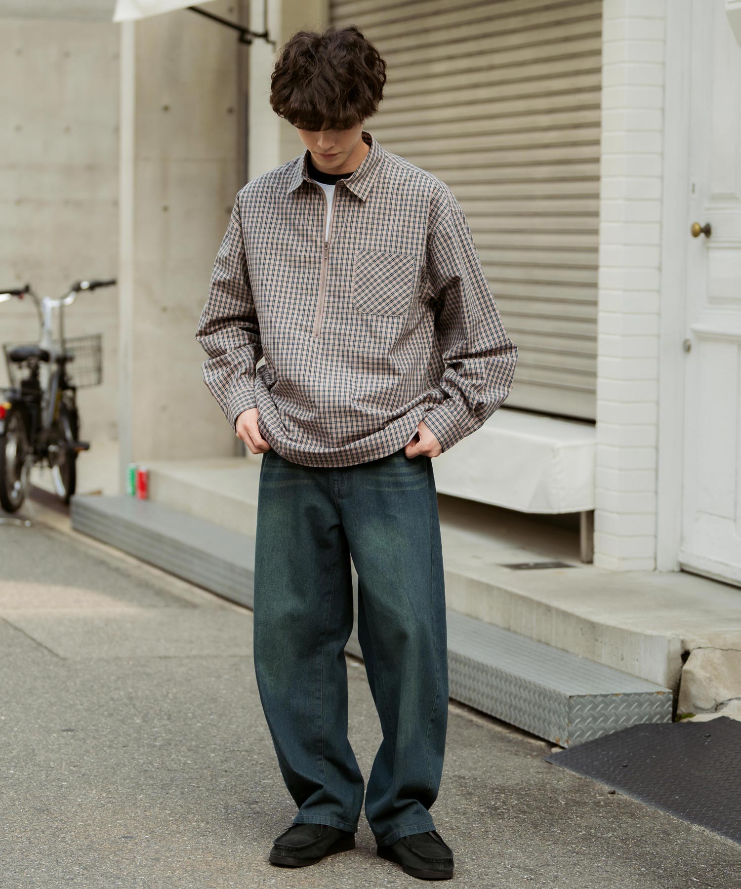 ロッキーモンロー Rocky Monroe チェックシャツ ハーフジップ 長袖 メンズ レディース ネルシャツ オンブレ 総柄 オーバーサイズ ビッグシルエット ルーズ リラックス ゆったり 14762 （ネイビーチェック） ネイビーチェック