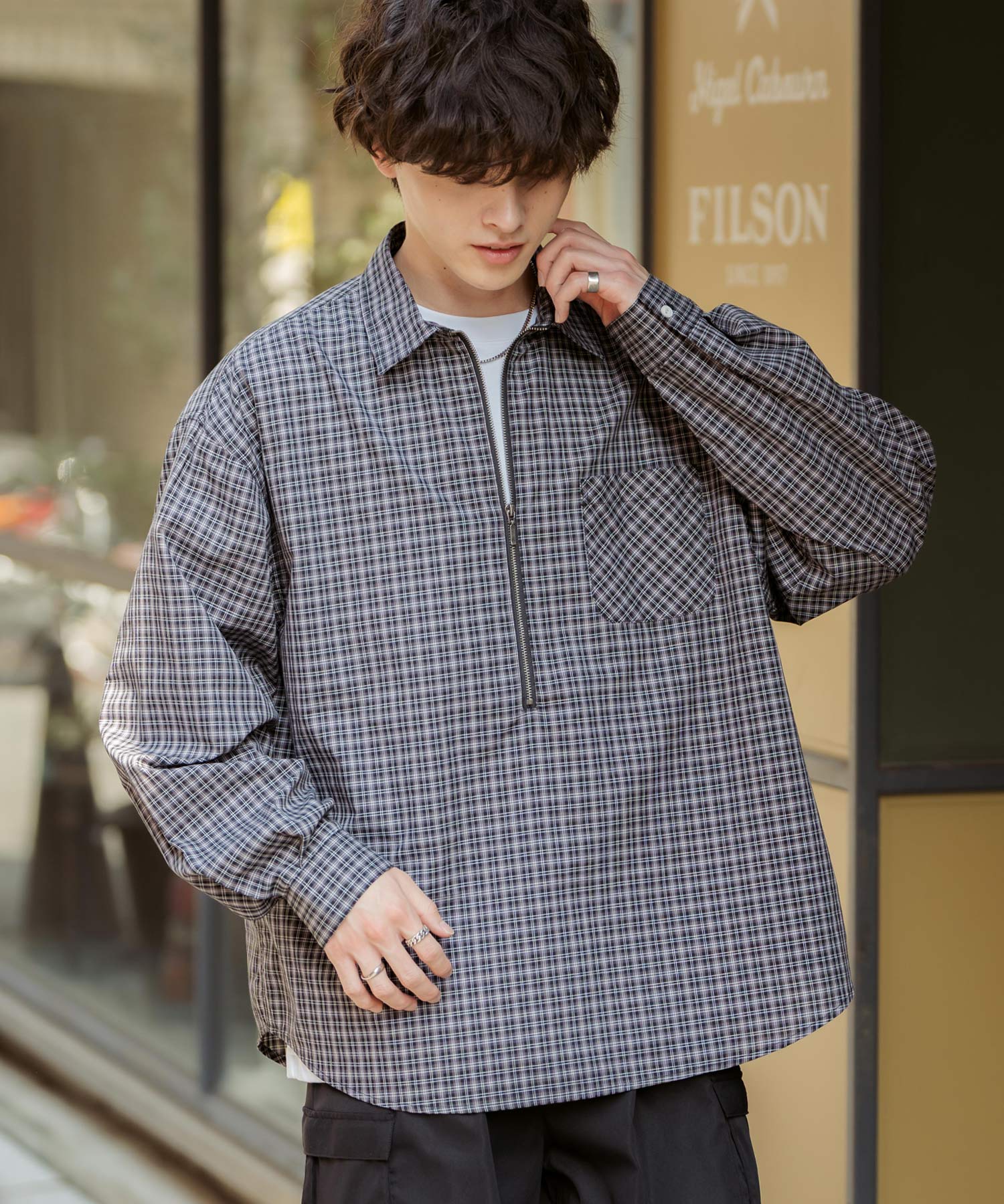 ロッキーモンロー Rocky Monroe チェックシャツ ハーフジップ 長袖 メンズ レディース ネルシャツ オンブレ 総柄 オーバーサイズ ビッグシルエット ルーズ リラックス ゆったり 14762 （ネイビーチェック） ネイビーチェック