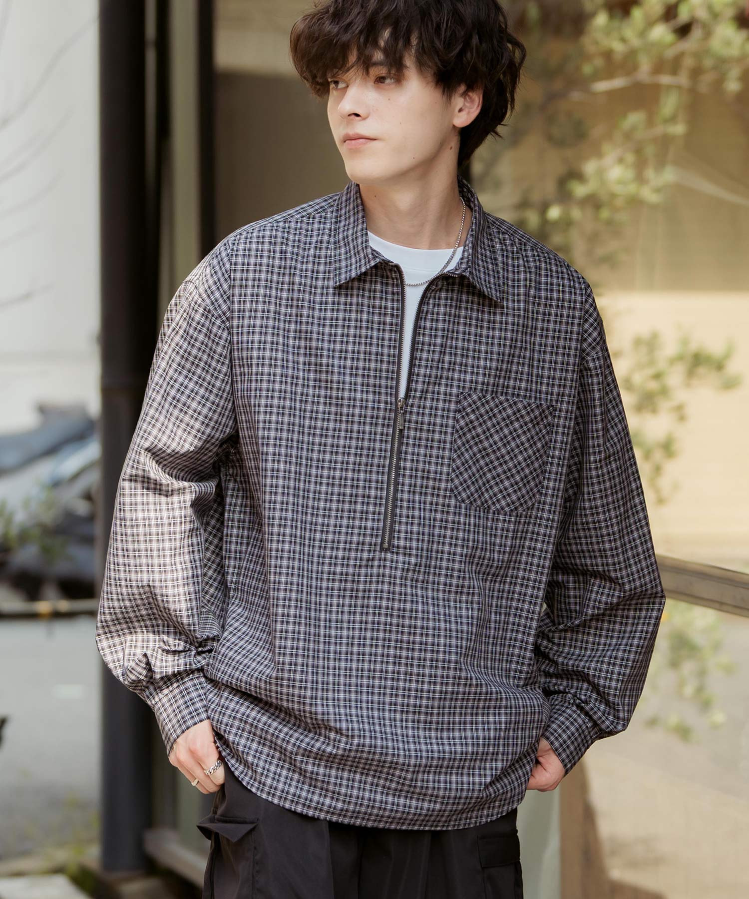 ロッキーモンロー Rocky Monroe チェックシャツ ハーフジップ 長袖 メンズ レディース ネルシャツ オンブレ 総柄 オーバーサイズ ビッグシルエット ルーズ リラックス ゆったり 14762 （ネイビーチェック） ネイビーチェック