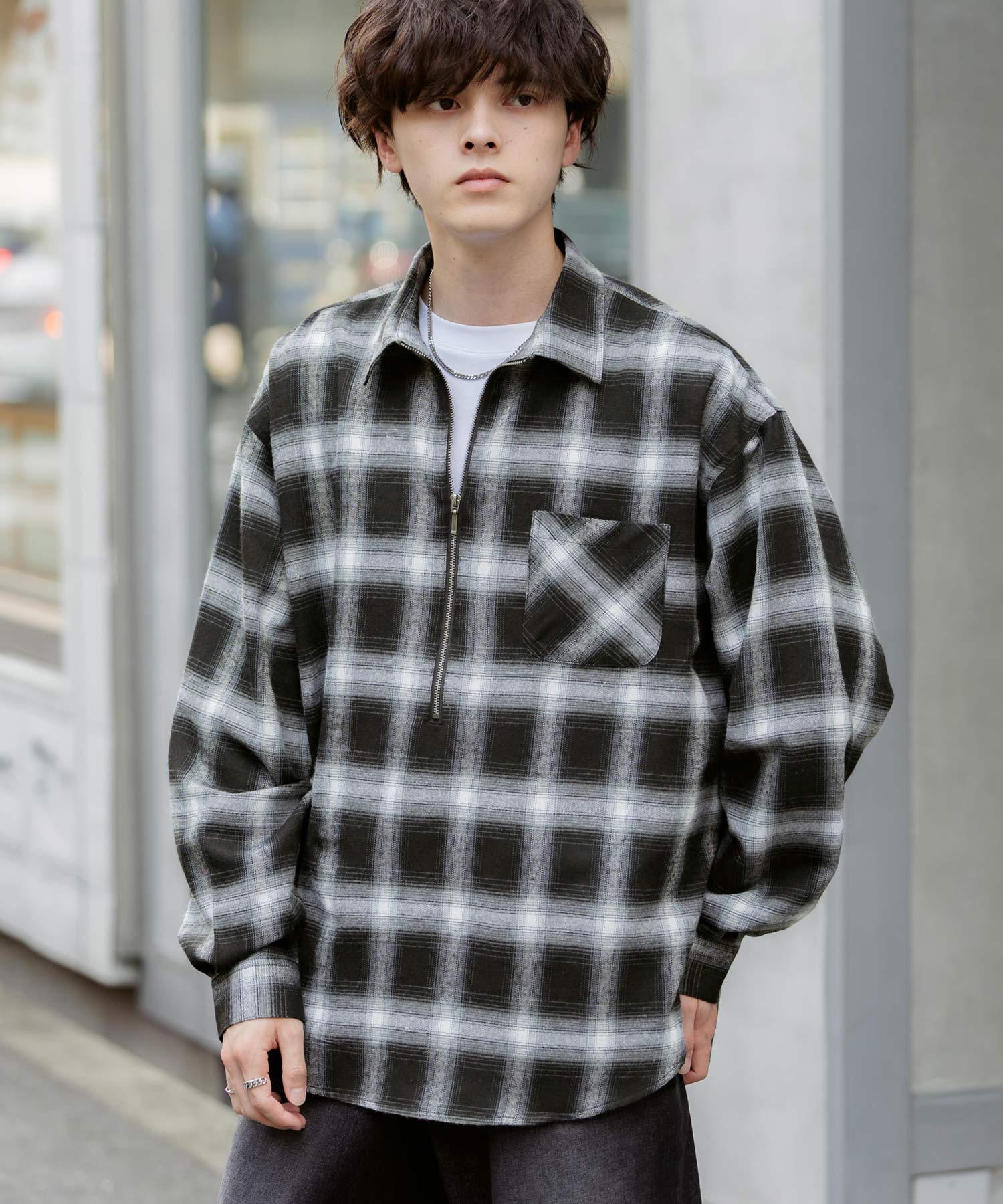 ロッキーモンロー Rocky Monroe チェックシャツ ハーフジップ 長袖 メンズ レディース ネルシャツ オンブレ 総柄 オーバーサイズ ビッグシルエット ルーズ リラックス ゆったり 14762 （ネイビーチェック） ネイビーチェック