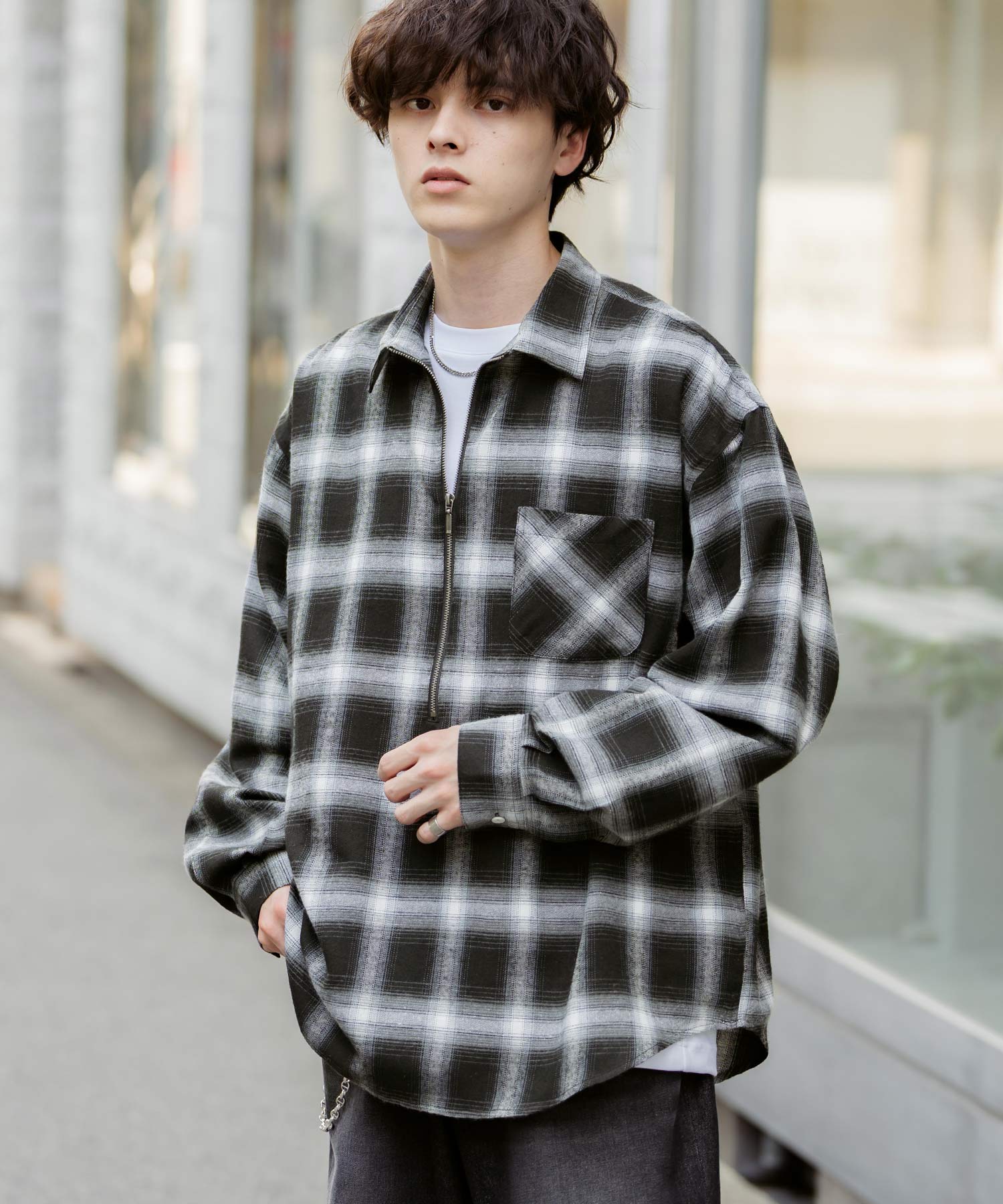 ロッキーモンロー Rocky Monroe チェックシャツ ハーフジップ 長袖 メンズ レディース ネルシャツ オンブレ 総柄 オーバーサイズ ビッグシルエット ルーズ リラックス ゆったり 14762 （ネイビーチェック） ネイビーチェック
