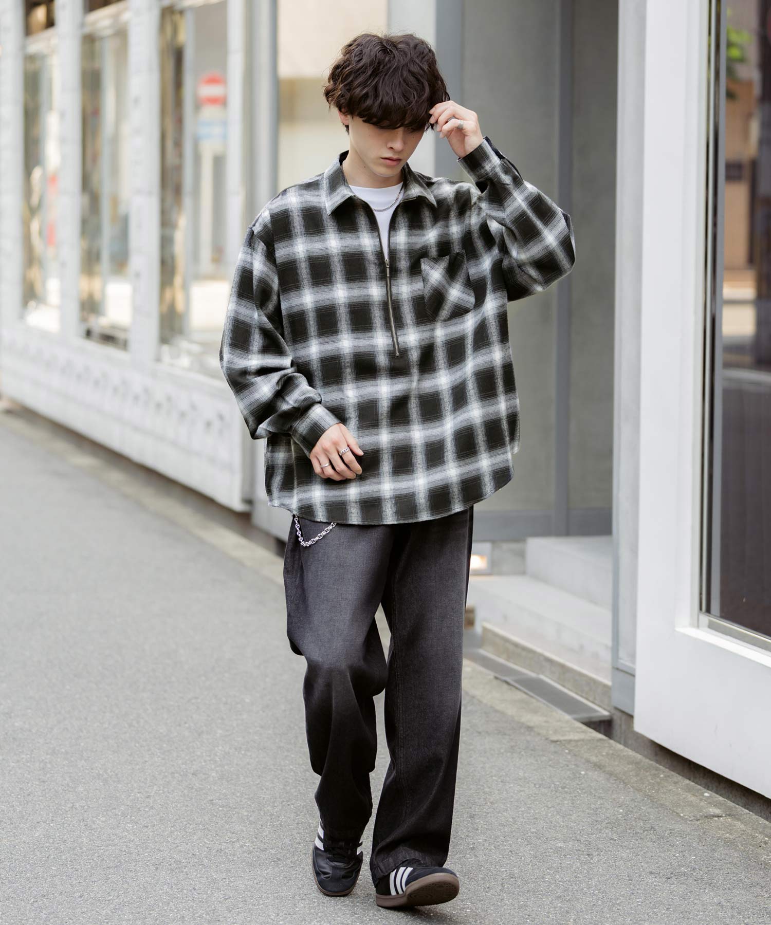 ロッキーモンロー Rocky Monroe チェックシャツ ハーフジップ 長袖 メンズ レディース ネルシャツ オンブレ 総柄 オーバーサイズ ビッグシルエット ルーズ リラックス ゆったり 14762 （ネイビーチェック） ネイビーチェック