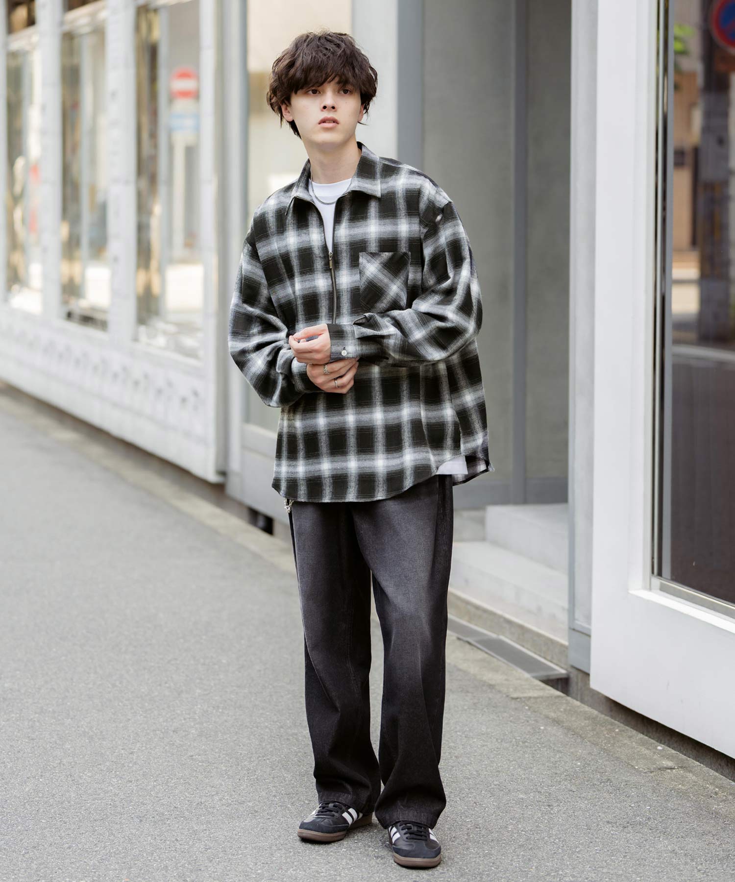ロッキーモンロー Rocky Monroe チェックシャツ ハーフジップ 長袖 メンズ レディース ネルシャツ オンブレ 総柄 オーバーサイズ ビッグシルエット ルーズ リラックス ゆったり 14762 （ネイビーチェック） ネイビーチェック