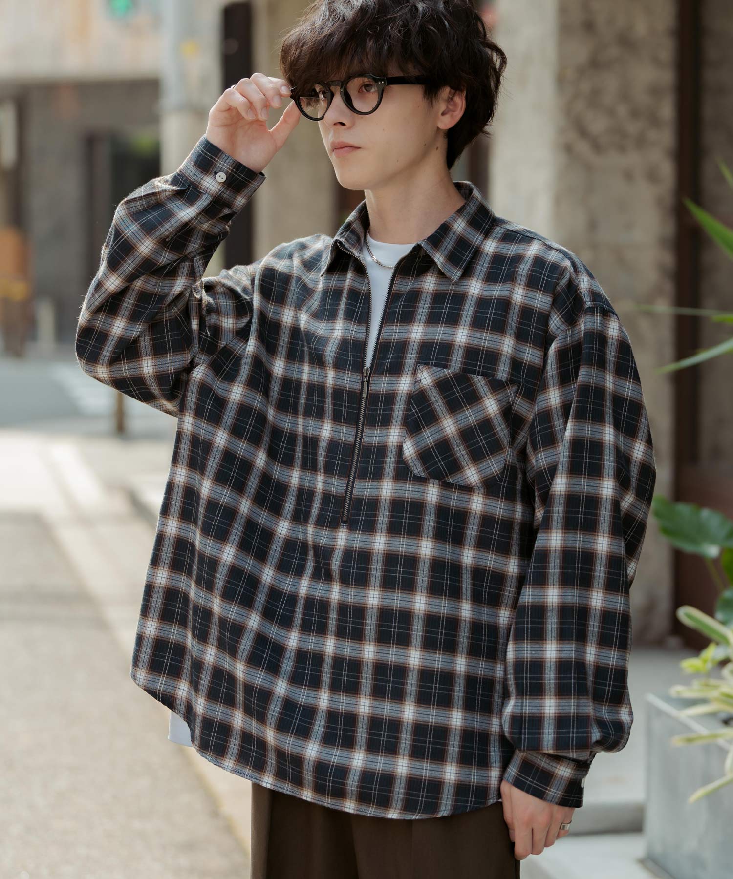ロッキーモンロー Rocky Monroe チェックシャツ ハーフジップ 長袖 メンズ レディース ネルシャツ オンブレ 総柄 オーバーサイズ ビッグシルエット ルーズ リラックス ゆったり 14762 （ネイビーチェック） ネイビーチェック