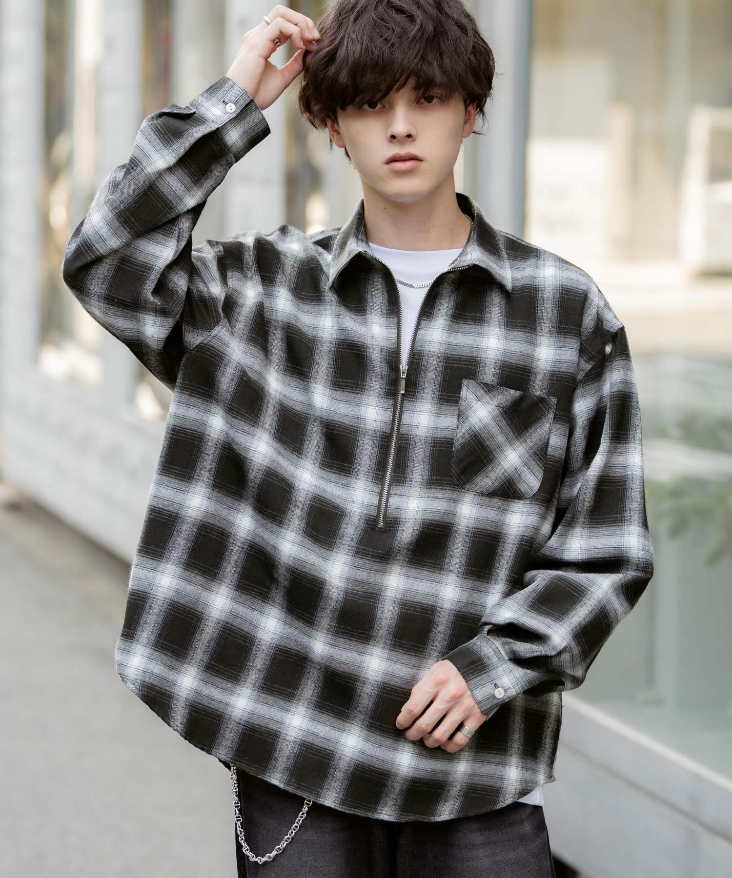 ロッキーモンロー Rocky Monroe チェックシャツ ハーフジップ 長袖 メンズ レディース ネルシャツ オンブレ 総柄 オーバーサイズ ビッグシルエット ルーズ リラックス ゆったり 14762 （ブラックオンブレチェック） ブラックオンブレチェック