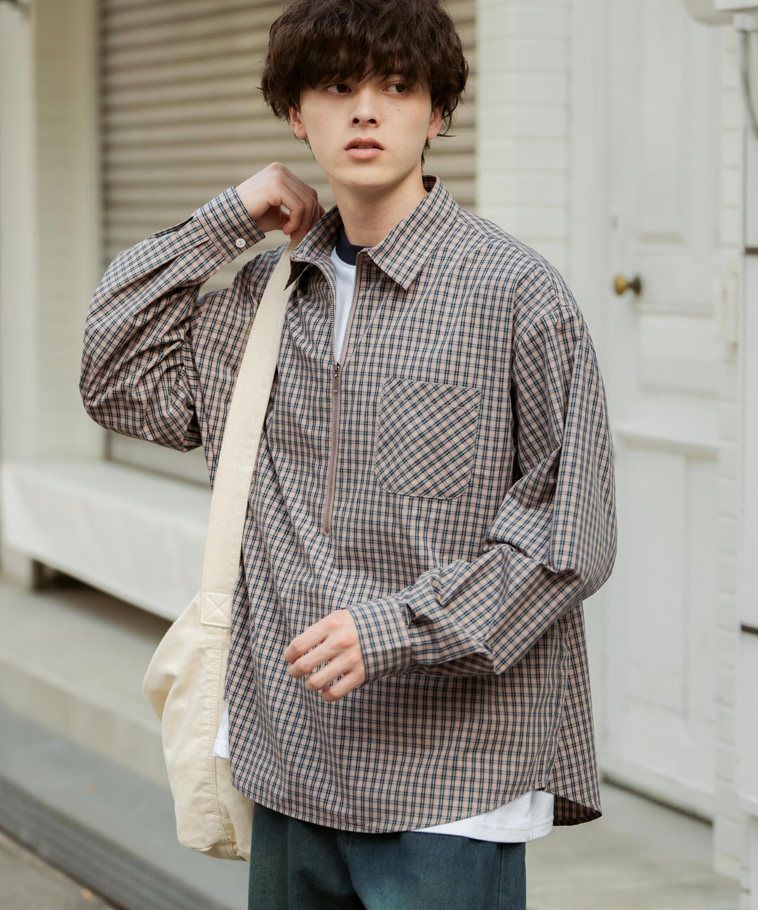 ロッキーモンロー Rocky Monroe チェックシャツ ハーフジップ 長袖 メンズ レディース ネルシャツ オンブレ 総柄 オーバーサイズ ビッグシルエット ルーズ リラックス ゆったり 14762 （ベージュチェック） ベージュチェック