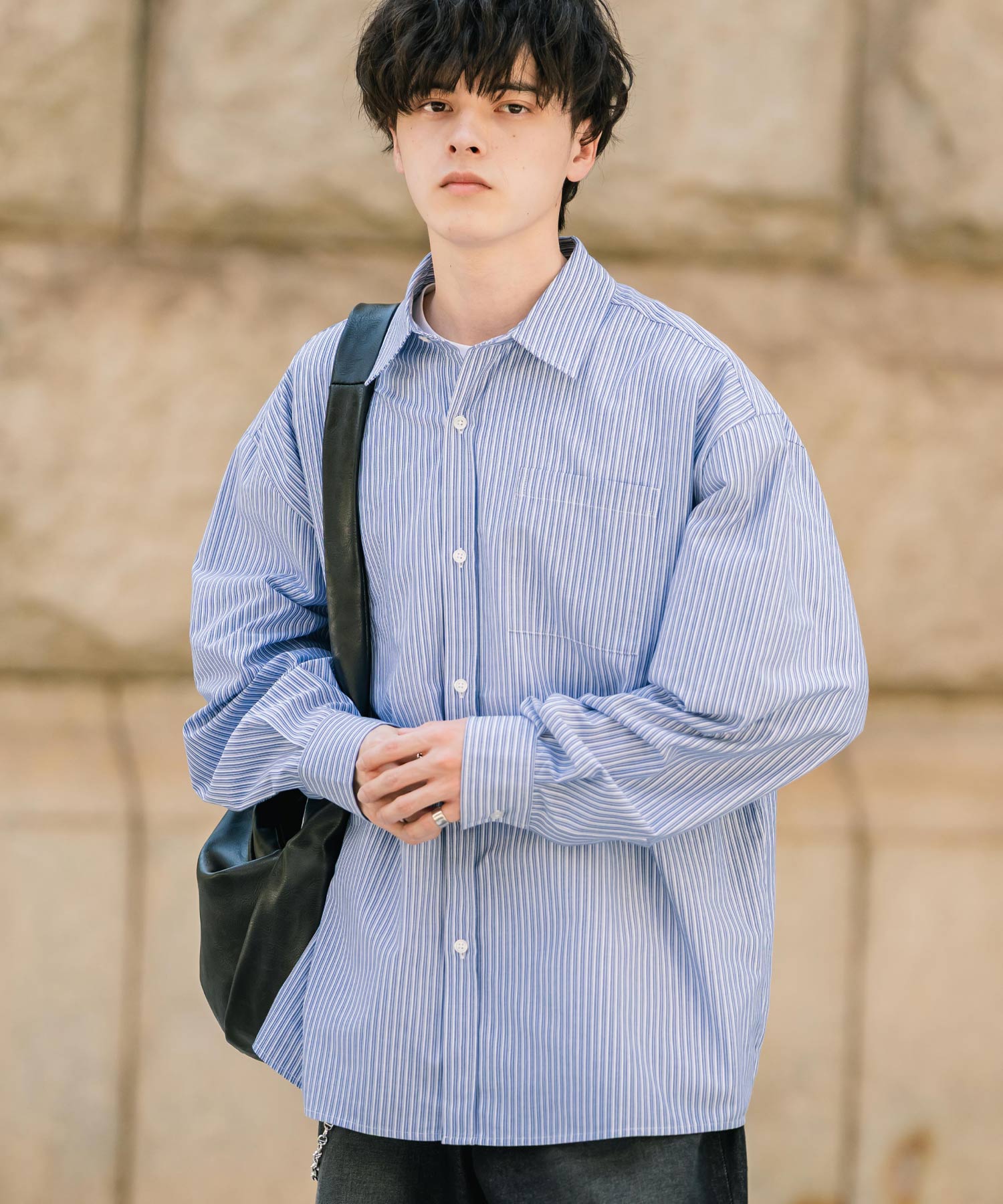 ロッキーモンロー Rocky Monroe カジュアルシャツ 長袖 メンズ チェック ストライプ 無地 TCブロード 白シャツ オーバーサイズ リラックス レギュラーカラー 胸ポケット 14718 （ブルー2(ストライプ)） ブルー2(ストライプ)