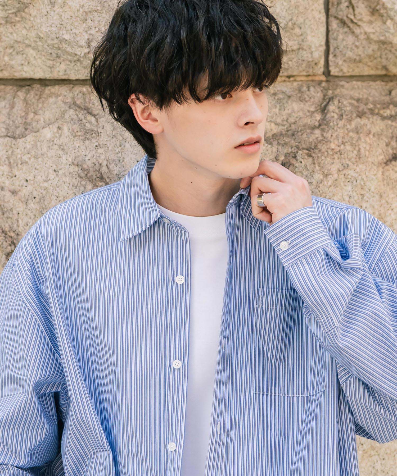 ロッキーモンロー Rocky Monroe カジュアルシャツ 長袖 メンズ チェック ストライプ 無地 TCブロード 白シャツ オーバーサイズ リラックス レギュラーカラー 胸ポケット 14718 （ブルー2(ストライプ)） ブルー2(ストライプ)