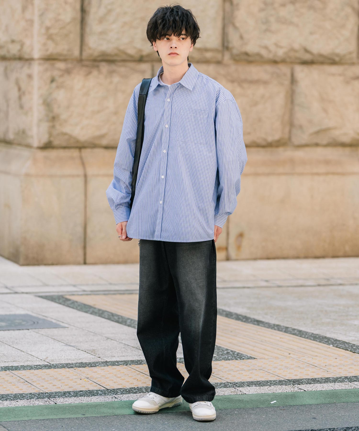 ロッキーモンロー Rocky Monroe カジュアルシャツ 長袖 メンズ チェック ストライプ 無地 TCブロード 白シャツ オーバーサイズ リラックス レギュラーカラー 胸ポケット 14718 （ブルー2(ストライプ)） ブルー2(ストライプ)