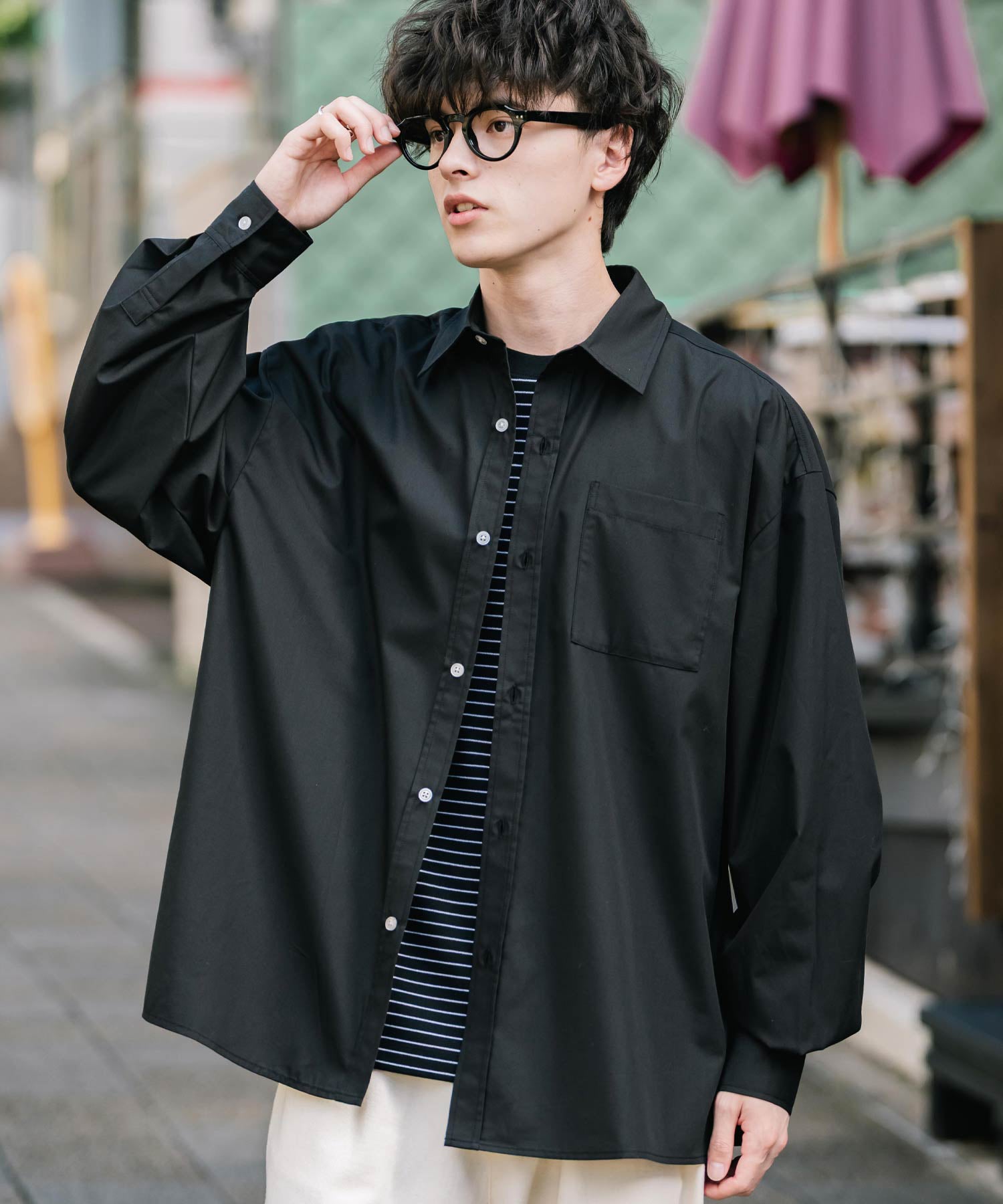 ロッキーモンロー Rocky Monroe カジュアルシャツ 長袖 メンズ チェック ストライプ 無地 TCブロード 白シャツ オーバーサイズ リラックス レギュラーカラー 胸ポケット 14718 （ブルー2(ストライプ)） ブルー2(ストライプ)