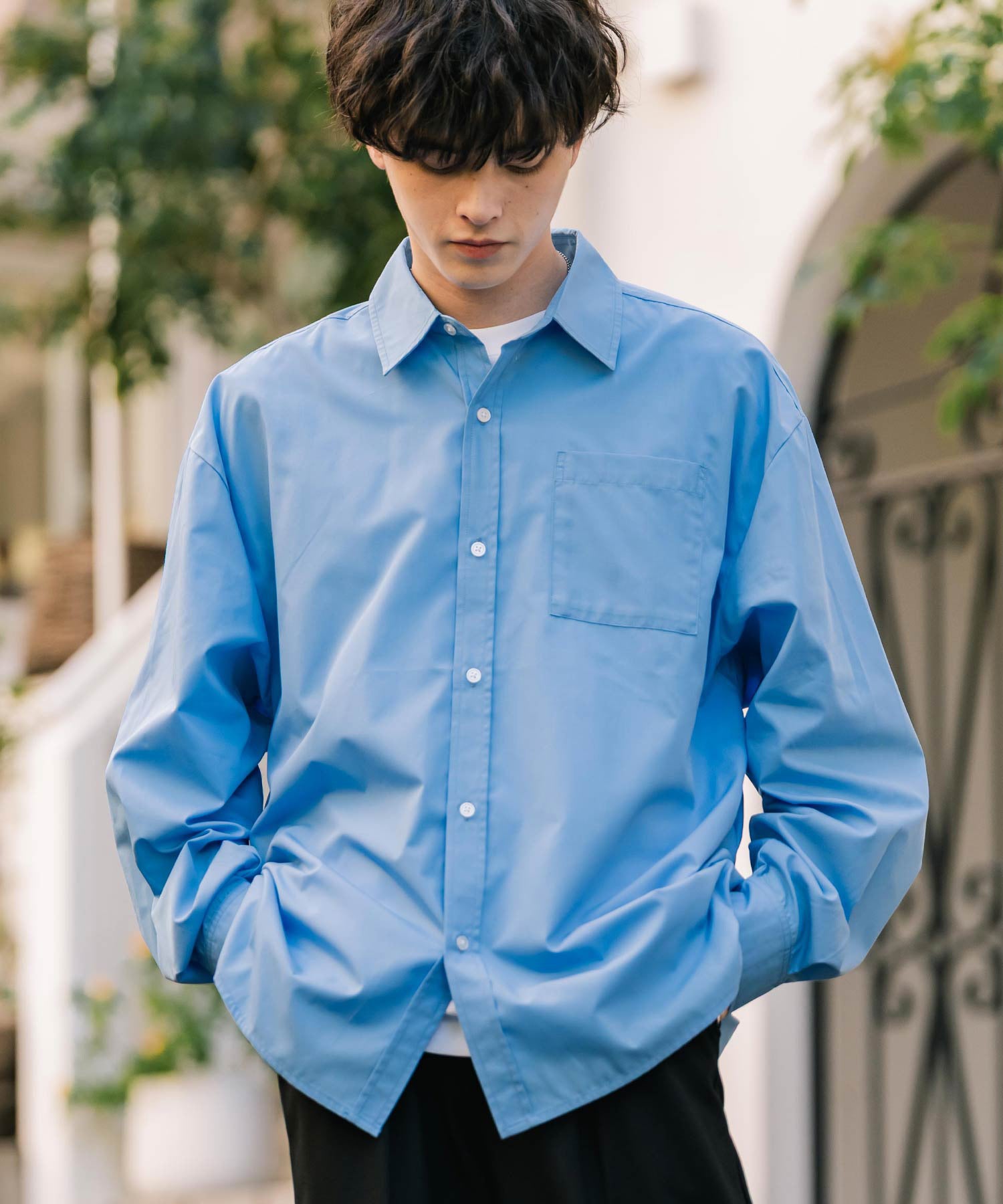 ロッキーモンロー Rocky Monroe カジュアルシャツ 長袖 メンズ チェック ストライプ 無地 TCブロード 白シャツ オーバーサイズ リラックス レギュラーカラー 胸ポケット 14718 （ブルー2(ストライプ)） ブルー2(ストライプ)