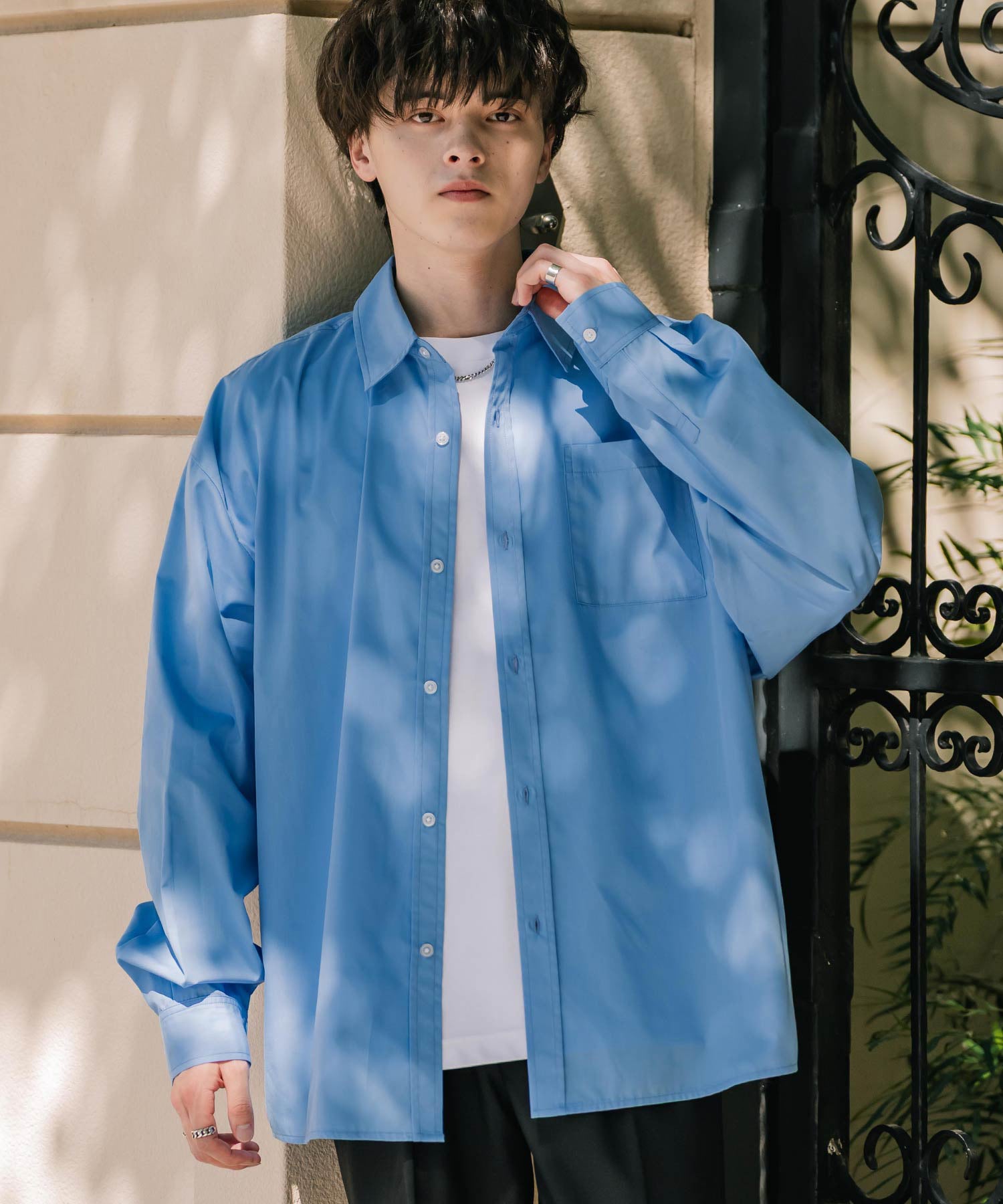 ロッキーモンロー Rocky Monroe カジュアルシャツ 長袖 メンズ チェック ストライプ 無地 TCブロード 白シャツ オーバーサイズ リラックス レギュラーカラー 胸ポケット 14718 （ブルー2(ストライプ)） ブルー2(ストライプ)