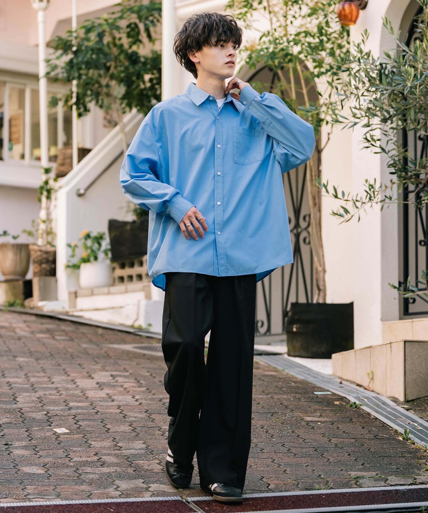 ロッキーモンロー Rocky Monroe カジュアルシャツ 長袖 メンズ チェック ストライプ 無地 TCブロード 白シャツ オーバーサイズ リラックス レギュラーカラー 胸ポケット 14718 （ブルー2(ストライプ)） ブルー2(ストライプ)