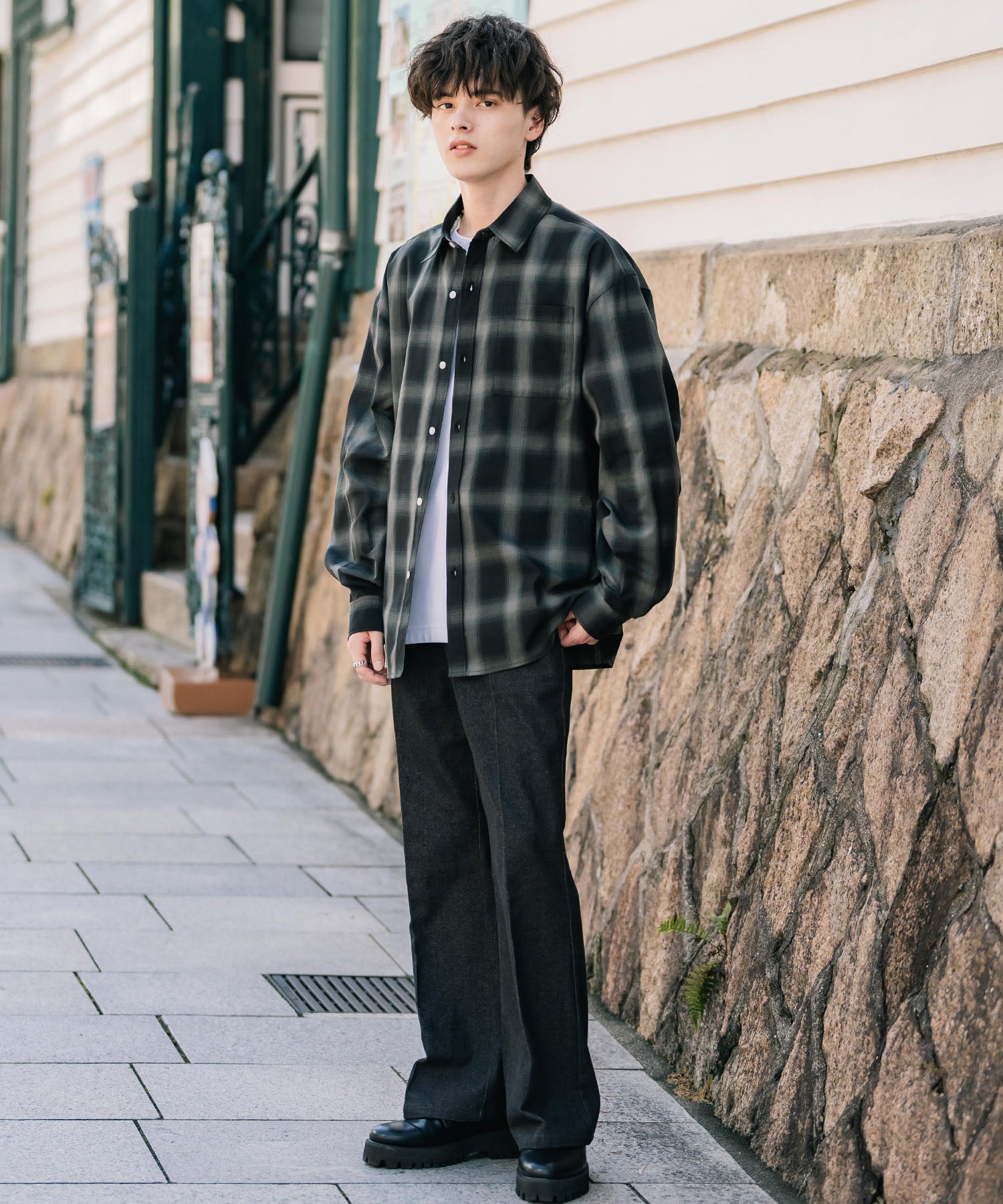 ロッキーモンロー Rocky Monroe カジュアルシャツ 長袖 メンズ チェック ストライプ 無地 TCブロード 白シャツ オーバーサイズ リラックス レギュラーカラー 胸ポケット 14718 （ブルー2(ストライプ)） ブルー2(ストライプ)