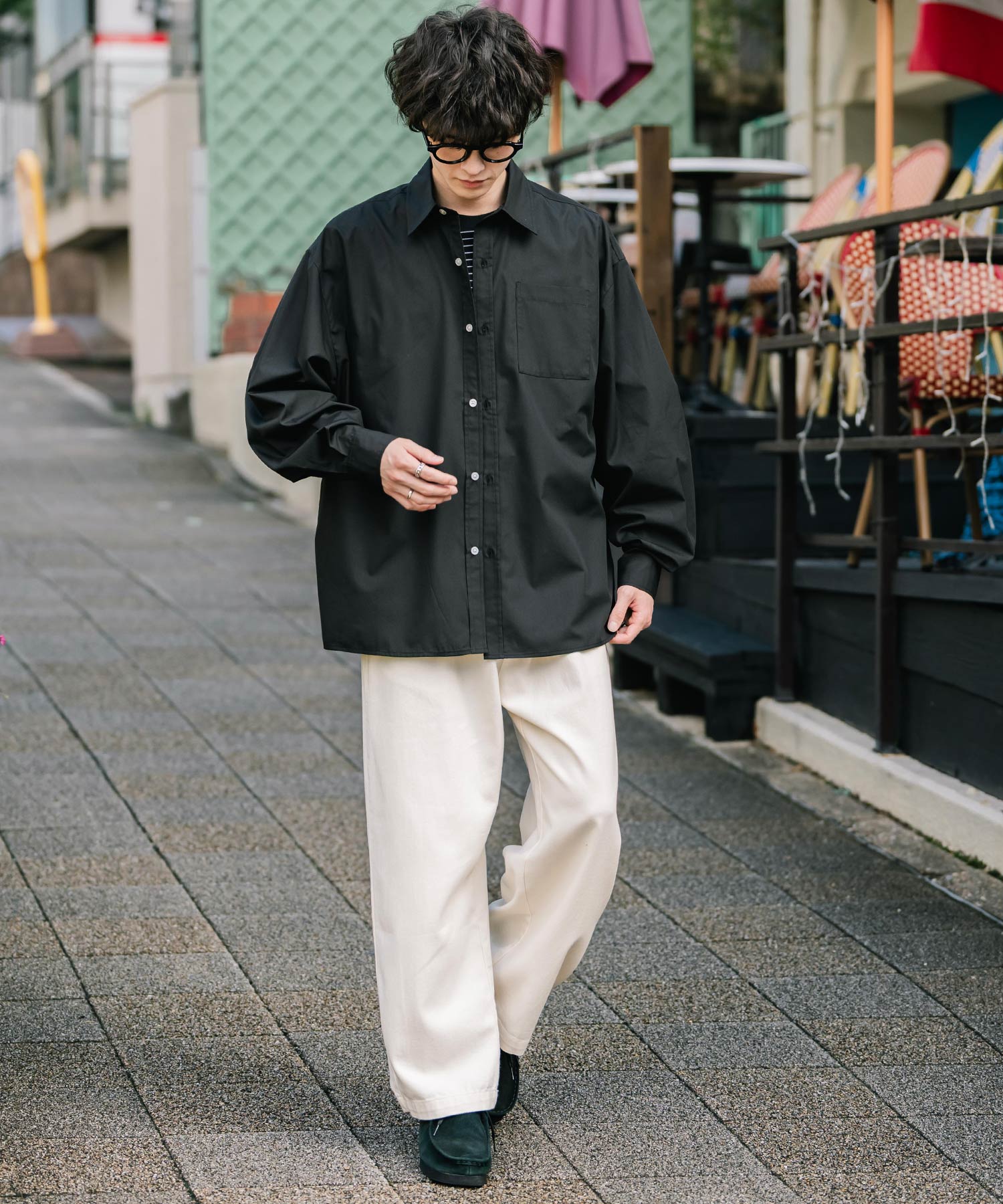 ロッキーモンロー Rocky Monroe カジュアルシャツ 長袖 メンズ チェック ストライプ 無地 TCブロード 白シャツ オーバーサイズ リラックス レギュラーカラー 胸ポケット 14718 （ホワイト） ホワイト